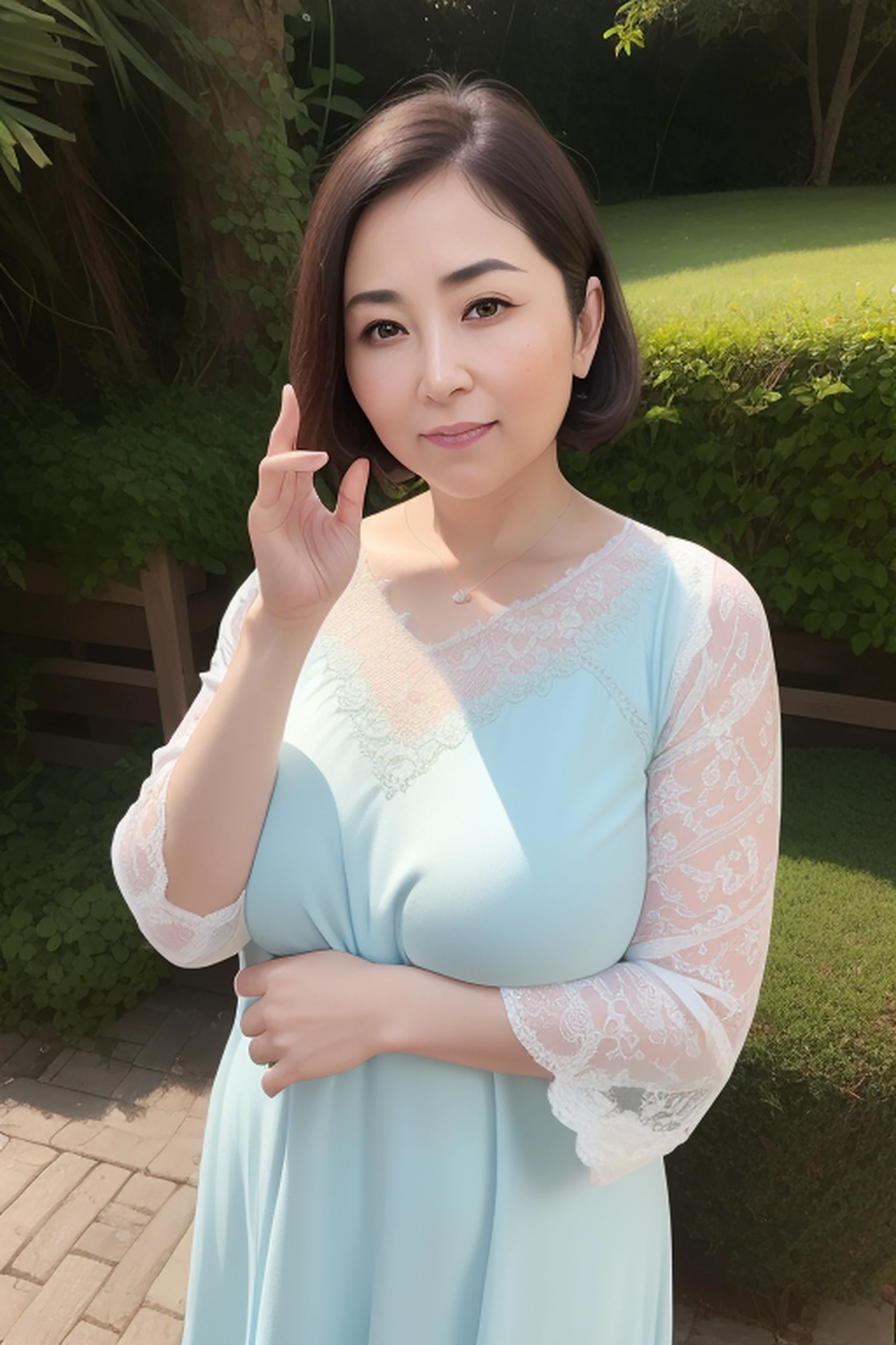 (8K，realisticlying，Real Human，poster for，Very detailed faces，动态照明)47-year-old mature woman standing in the garden，Fine lines on the face，Elegant feminine，Happy and charming，(M cup：1.3，Huge sagging chest contour：1.5，Obesity and breast sagging：2.0), Wide fat hip bone，Enlarged pelvis，Moisturizes skin, Sweaty skin, Wavy brunette hair,Black color hair，The light blue dress is decorated with intricate embroidery patterns，47 year old mature woman in outdoor garden，The background is blurred out
