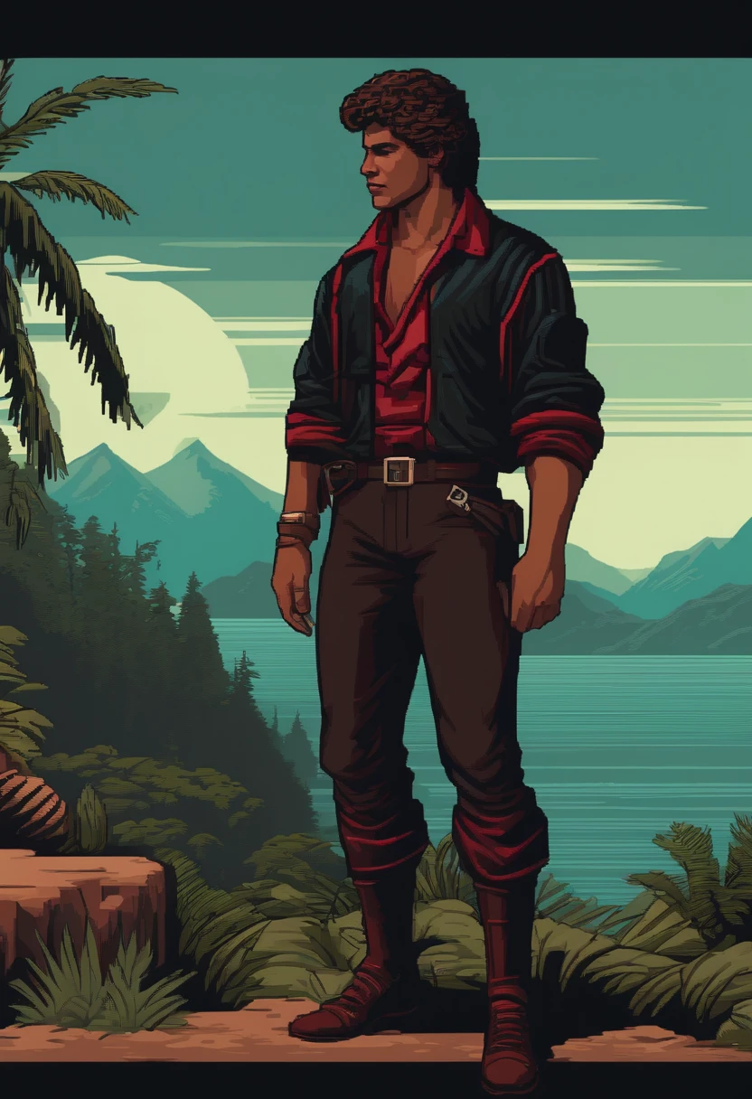 Pixel art 32 bit 80s or 90s aesthetics. Rpg. Personagem negro e careca. Vestindo camisa vermelha e preta. Bermuda preta.