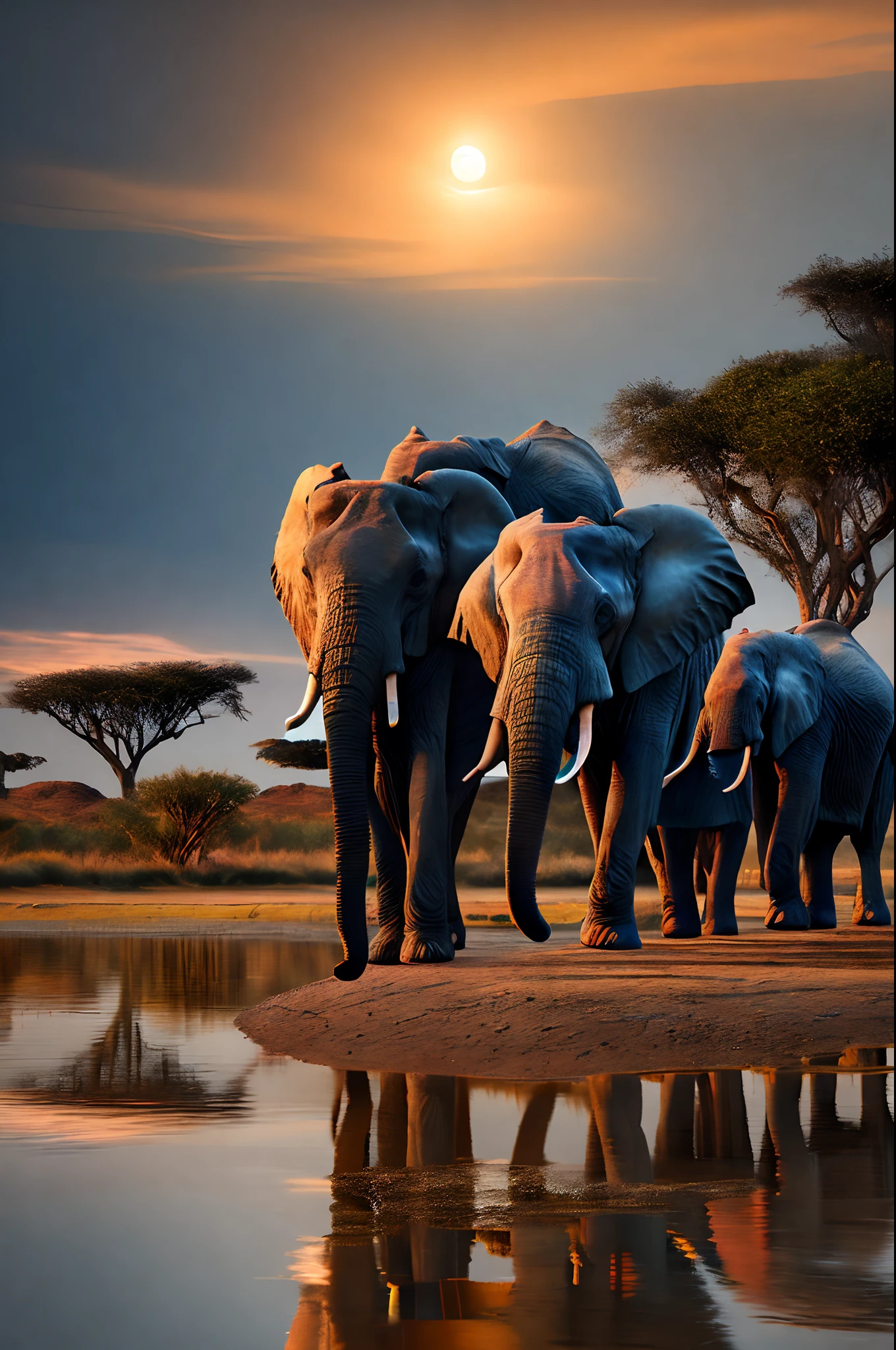 A pack of elephants near a water lake taking a break drinking water, masterpiece, 8K Ultra Real Lighting at dawn, with the moon in the sky, ultra detail textures and colors