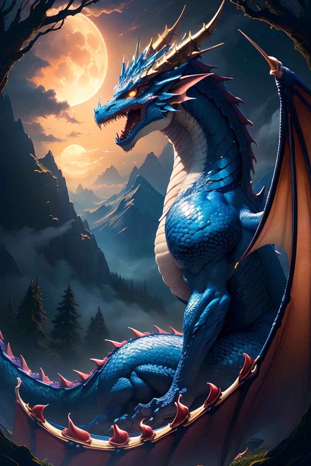 ((bestquality)), ((masterpiece)), (Detailed), Powerful dragons, In the magical forest, Mysterious Sky, Bright moon (Cloudscape in detail:1.3), (high-res:1.2)