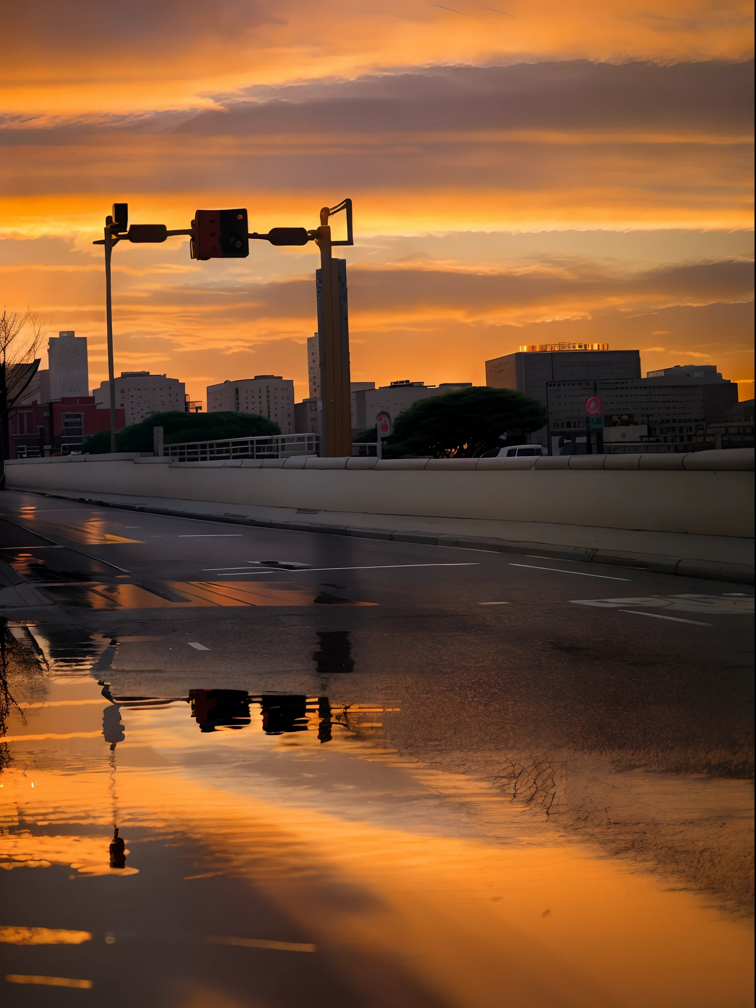 The sunset is reflected in puddles in the city streets, golden hour in beijing, cinematic light and reflections, 4 0 9 6, Reflection puddle, high quality reflections, city reflection, reflections on wet streets, city reflection, marvellous reflection of the sky, Reflections on oil, High reflex, Urban light reflection, City sunset, shot at golden hour, beautiful rtx reflections