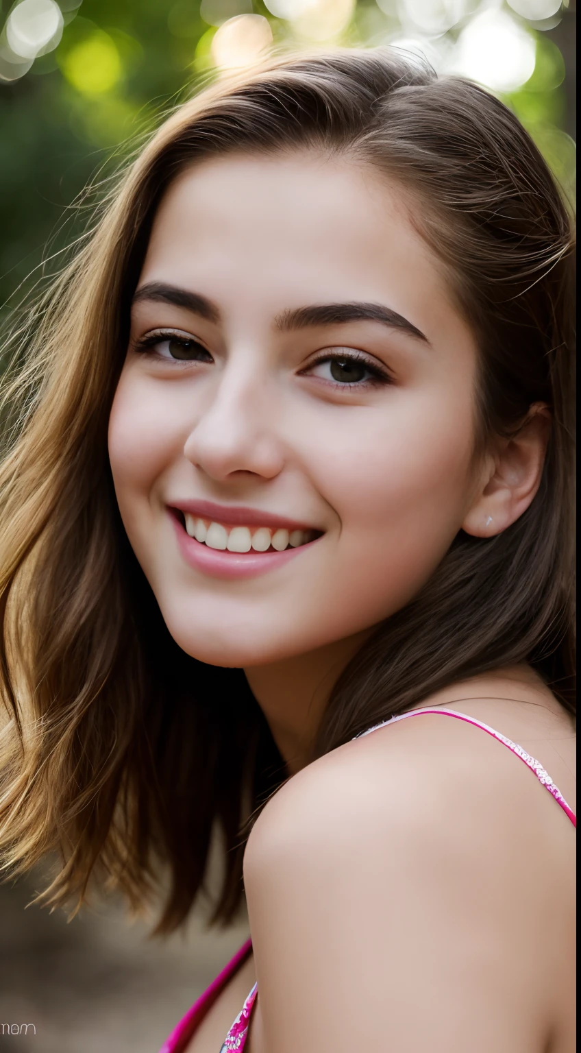 (best quality,ultra-detailed,highres,realistic,masterpiece:1.2), self-portrait, 18-year-old teenager, upper body, smiling, playfully biting finger, exquisitely detailed face and features, slightly blurred but realistic background, natural lighting, flirtatious gaze, enticing the viewer, allure, captivating charm, intimate connection, subtle sensuality, capturing the essence of youth, vibrant colors, soft tones, inviting atmosphere