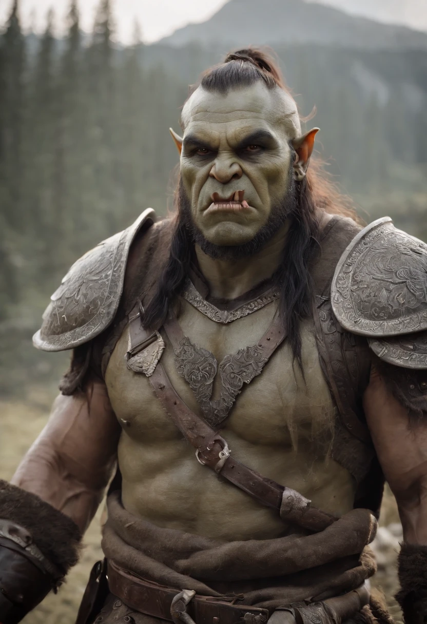 Orc Warrior， masterful， Morale is ferocious， Fierce face， muscled body, hairlong， Wearing heavy armor， Armed with a giant axe， King of the Battlefield， Undaunted， Paving the way to victory, higly detailed, hight resolution。