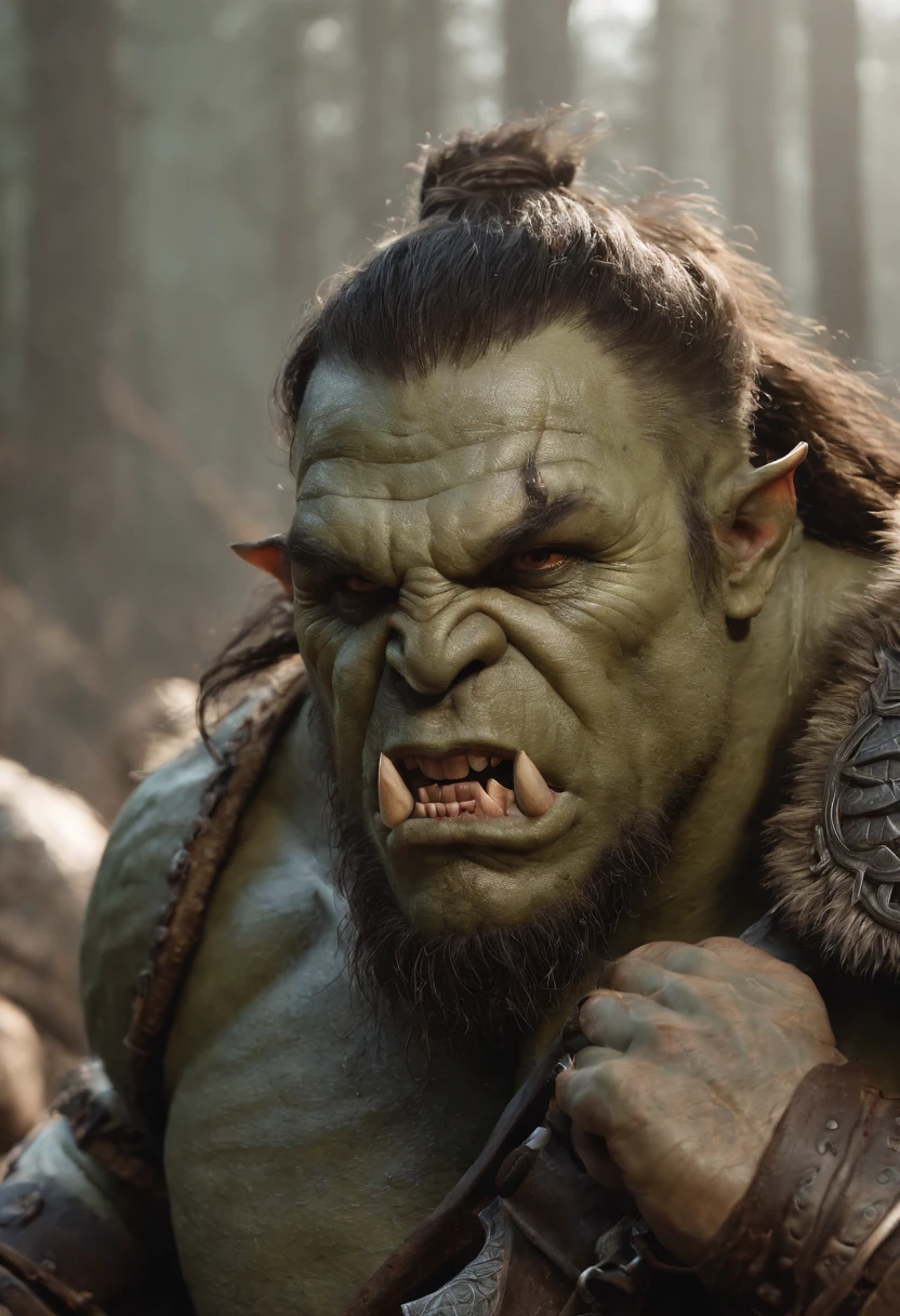 Orc Warrior， masterful， Morale is ferocious， Fierce face， muscled body, hairlong， Wearing heavy armor， Armed with a giant axe， King of the Battlefield， Undaunted， Paving the way to victory, higly detailed, hight resolution。