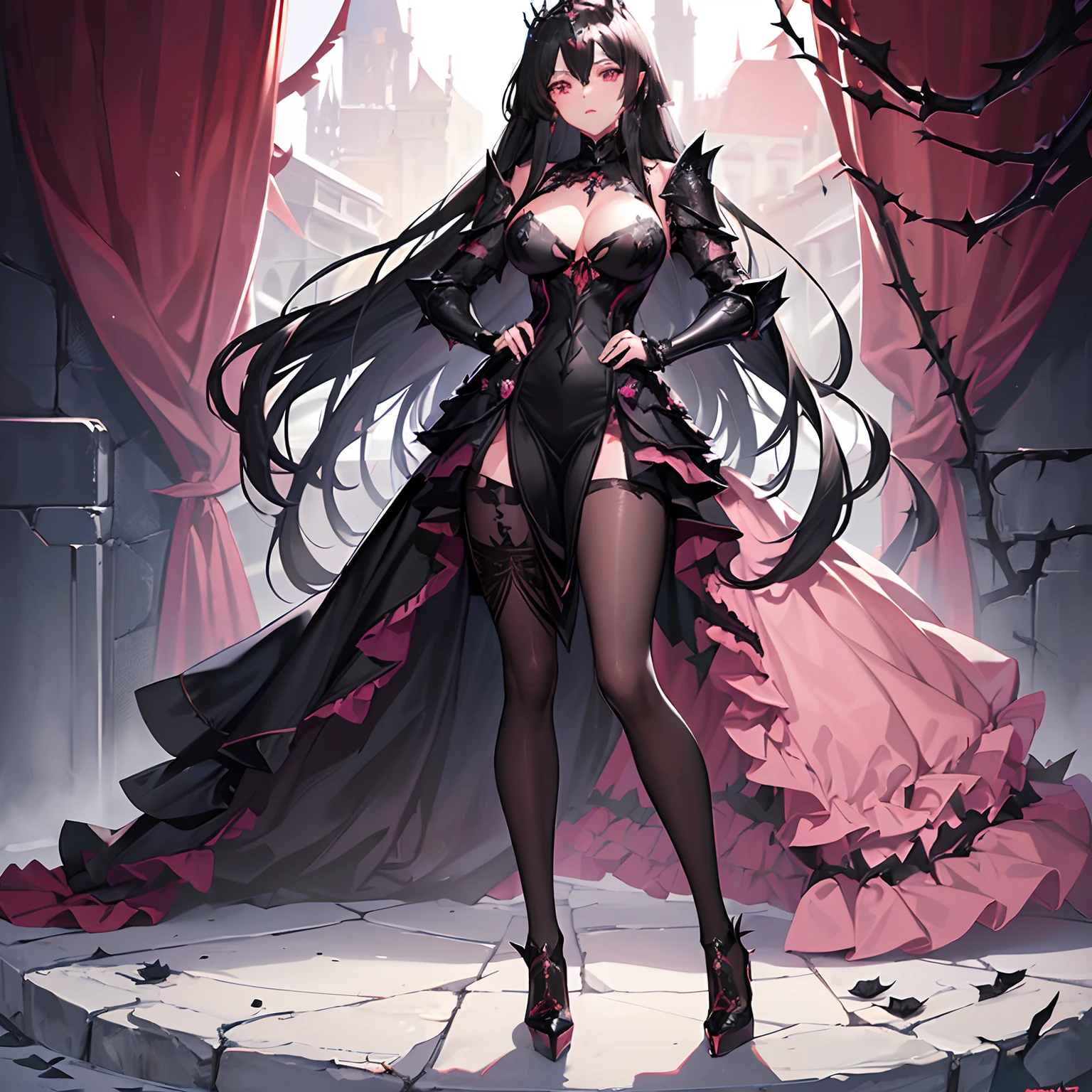 ((beautiful woman alone)) ((black long hair)) ((armor dress with cleavage)) ((alone)) ((big boobs)) ((lingerie armor with pantyhose and high heels)) ((princess of roses)) ((thorns crown)) ((warrior woman)) ((dress armor)) ((pink eyes))
