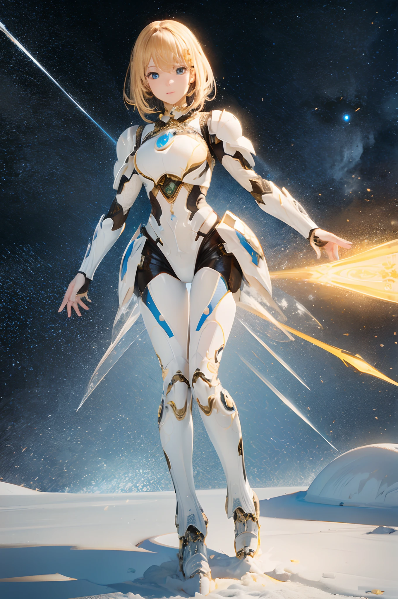 intricate golden detailing on the white body armor, beautiful patterns and details, fractal art, reflective and ornamental, add more skin