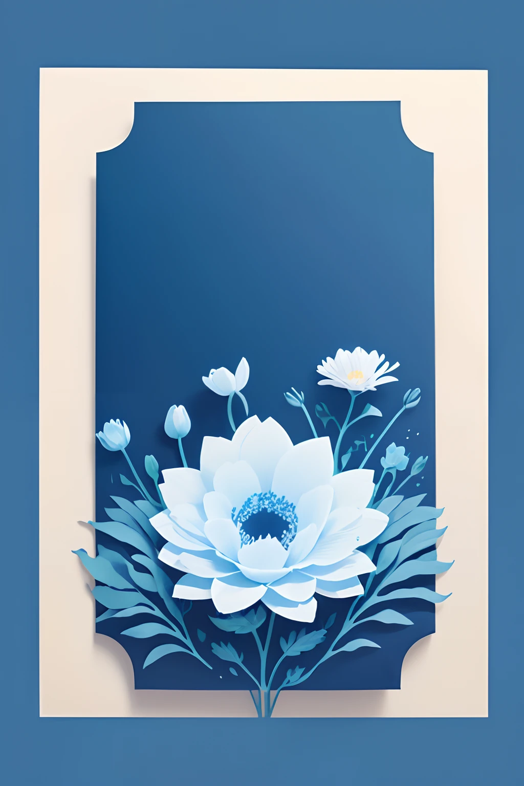 A 4A paper textbook cover、There is a cover、There are flowers on the page with a bit of e-commerce type style、There is a place where copywriting is available、Illustration minimalist style、Background blue gradient、morden style