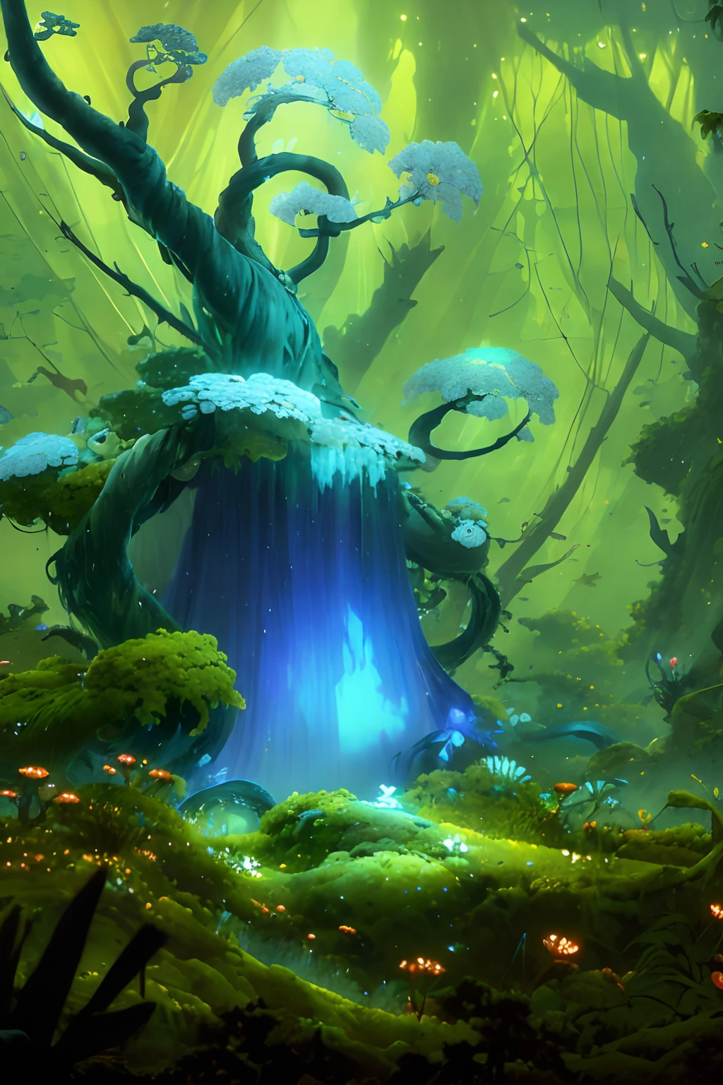 by Pino Daeni, by Ruan Jia, by Alayna Lemmer, by Carlo Galli Bibiena,
[spirit tree], Blue sky and olive green sky, starry, forest with blue ocean and glowing plant,
(Ori and the Blind Forest), (Ori and the Will of the Wisps), 2D game, digital art,
realistic proportions, crisp focus, (HDR), (10), (gigapixel), ((masterpiece))