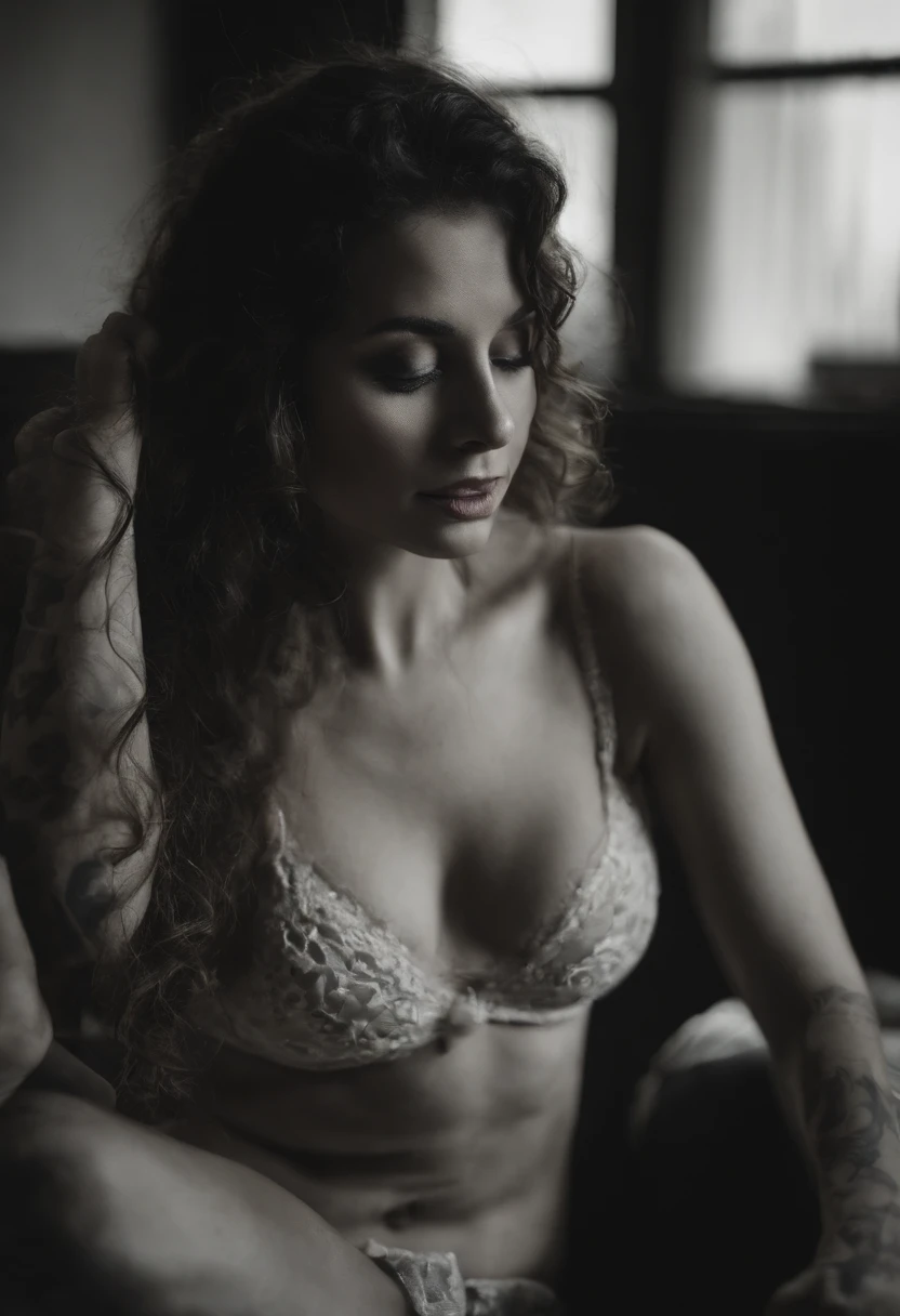 Fille, tatouage, string, décolter, brune, yeux, dark, vert, dans une chambre, sur un lit,a genoux, bras tendu vers l'objectif , regard provocateur, veux offrir son corps, belle poitrine, en petite tenue.