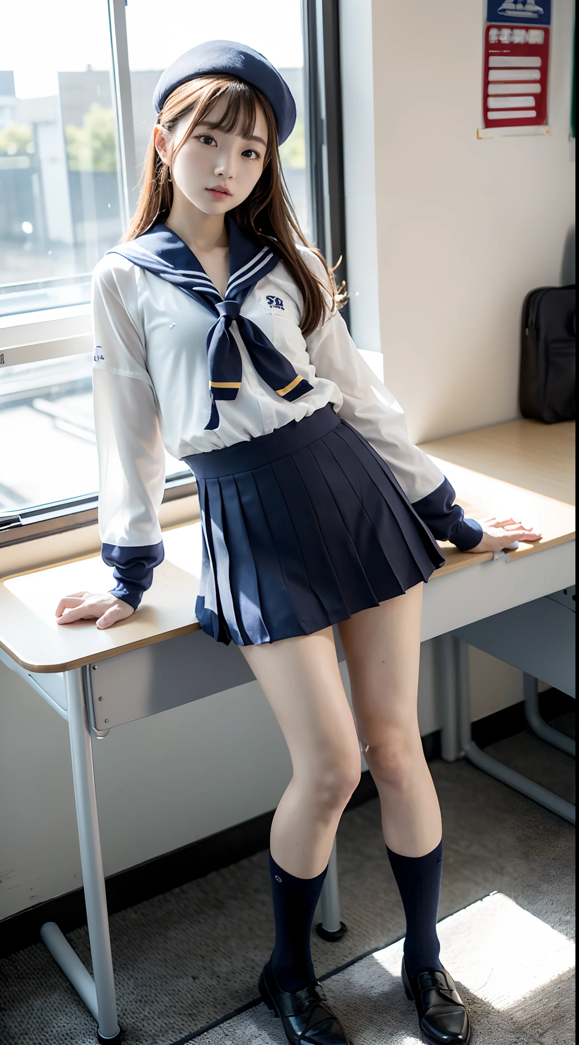 A girl standing in a school classroom,white sailor shirt and navy miniskirt,むちむちなthighs,18-year-old,bangs,a little smile,thighs,share,knees,short cut hair、black knee highs,big breasts