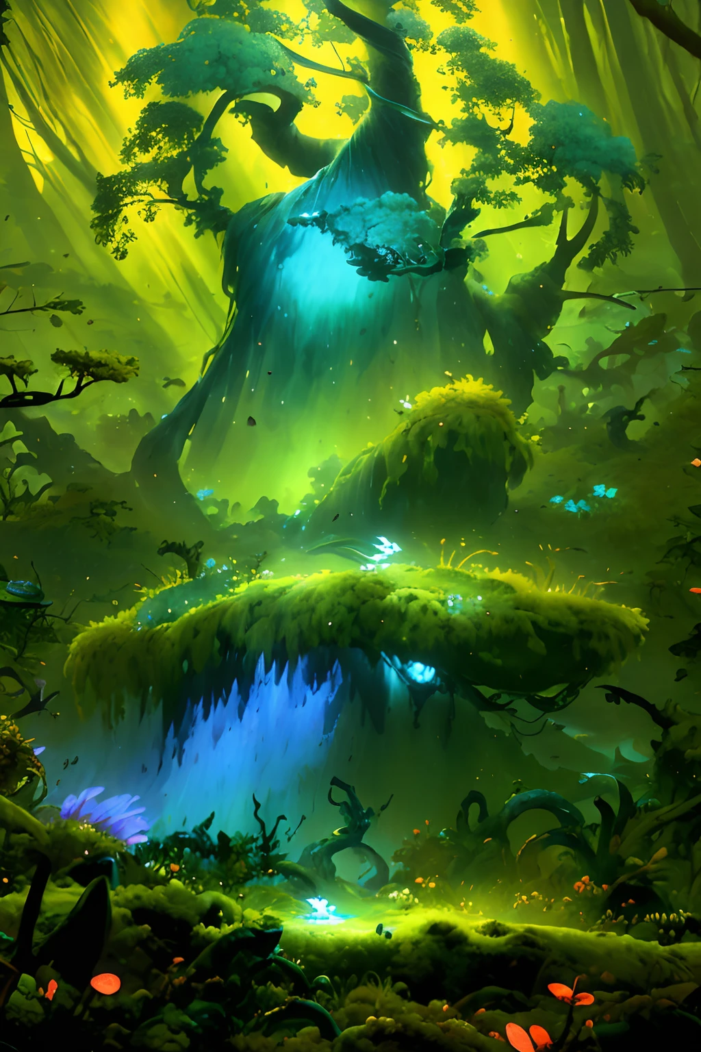 by Pino Daeni, by Ruan Jia, by Alayna Lemmer, by Carlo Galli Bibiena,
[spirit tree], Blue sky and olive green sky, starry, forest with blue ocean and glowing plant,
(Ori and the Blind Forest), (Ori and the Will of the Wisps), 2D game, digital art,
realistic proportions, crisp focus, (HDR), (10), (gigapixel), ((masterpiece))