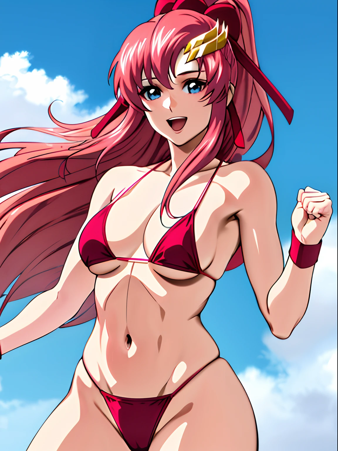 (masterpiece, upper body view, 4K, Best Quality, Anime style: 1.9, tall, mature Woman, ultra detailed face, (cloud background, wrestling), Drawing lines, high resolution, Anime, lacus4), 1girl, Solo, curvy figure, Long hair, 鎖骨, scapular, (Detailed wide hair bangs, Hair Ornament, Detailed reddish-pink hair, golden crest, high ponytail, red ribbon), cleavage, large hands, (female wrestler). (Big blue eyes, shiny eyes), ((pro female wrestler, little biceps, slender body, broad shoulders, closed fists)), ((perfect proportions, medium breasts, perky breasts, long belly)), (((micro bikini, pink wrestling gear, champion))), happy, smile, open mouth, (standing, looking at the viewer, talking to the viewer), navel , showing off underarm, shaved armpit, (elegant lady)