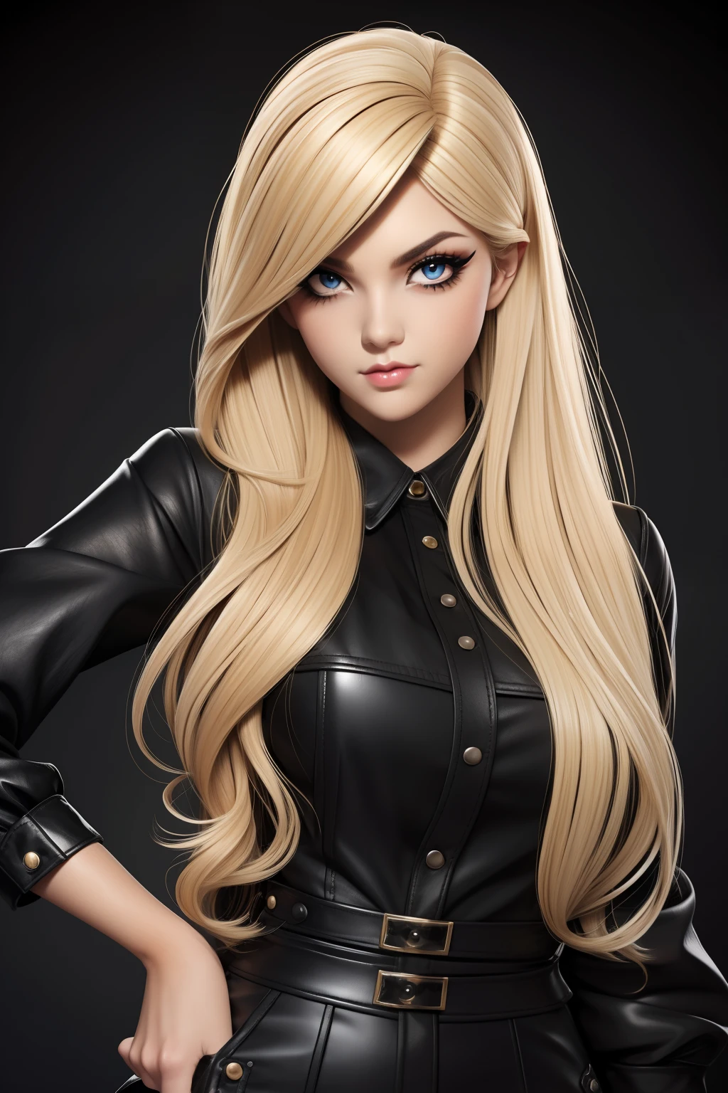 Blonde long hair Emo Pin up Girl, Black Faux, Lustrous zomp eyes, Striking a pose, natural make up.