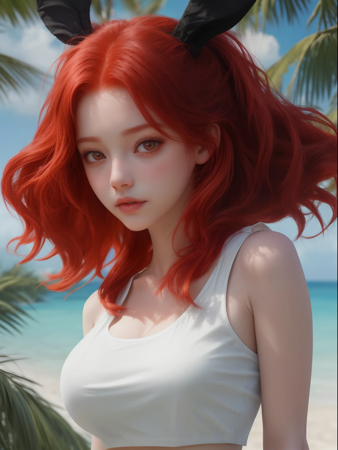 A red-haired girl wearing a white crop top shirt from a tree branch, a sexy body, looking at the camera with a close-up shot. She has bunnytails, large breasts, and is on a sunny beach. The image is in 8K ultra-realistic quality.