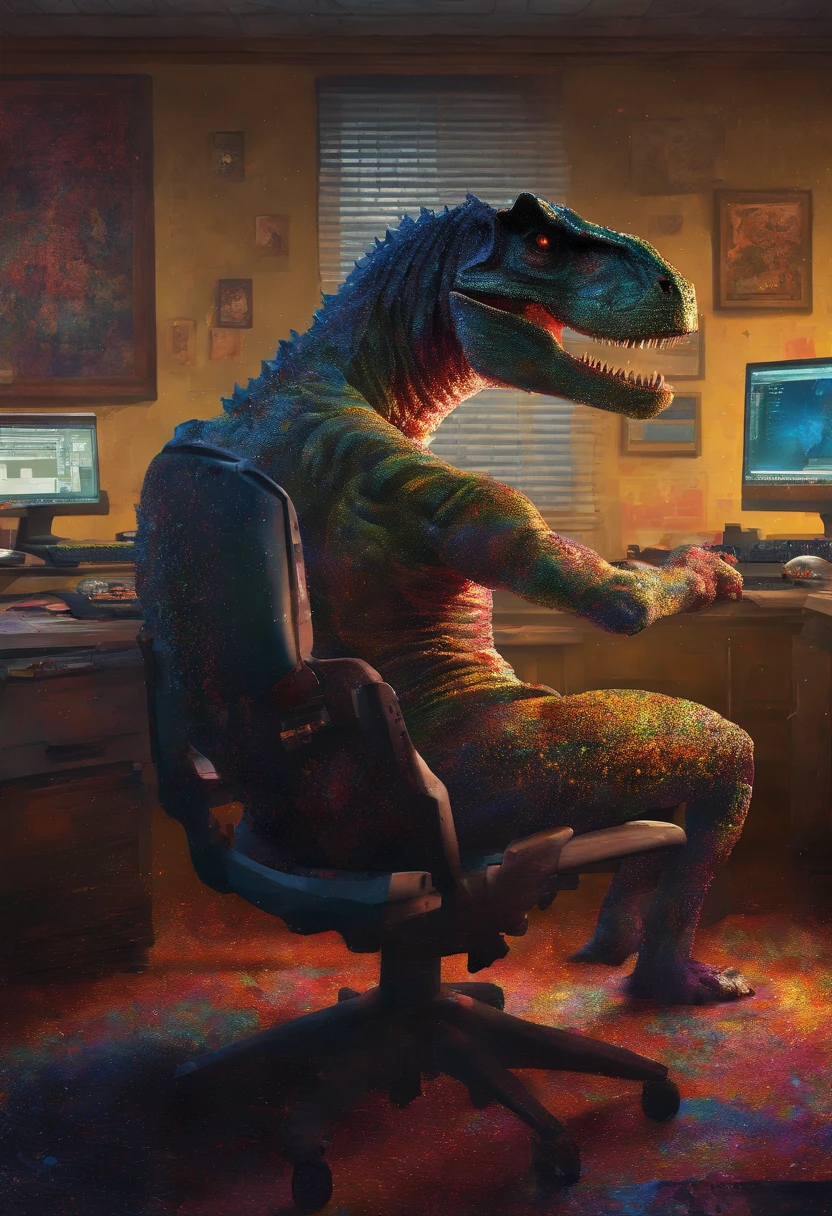 The room has a large chair and desk. On the desk are PC-related equipment such as keyboards and monitors. There, a Tyrannosaurus sits on the chair and is programming. He is approached from behind the desk and turns his head toward us.