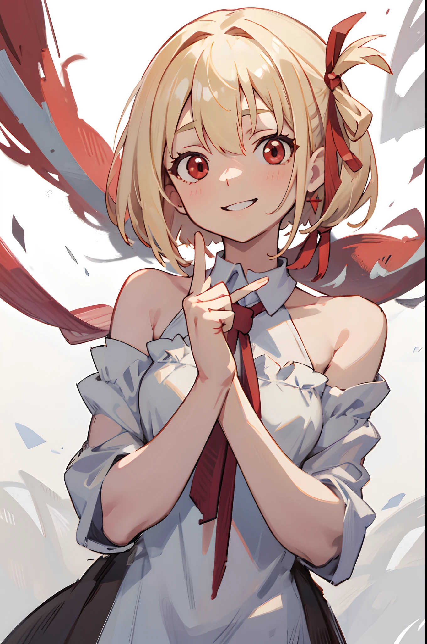 Chisatoniki, Chisato, Short hair, Bangs, Blonde hair, (Red Eyes:1.5), Hair Ribbon, One side up, bob cuts,
BREAK shirt, Bare shoulders, Twin-tailed, 鎖骨, Hair Ribbon, White shirt, frilld, off shoulders, Red Ribbon, short twintails, off shoulder shirt, frill shirt,
BREAK outdoors, Grinning,
BREAK looking at viewer, BREAK (masutepiece:1.2), Best Quality, High resolution, Unity 8k壁纸, (Illustration:0.8), (Beautiful detailed eyes:1.6), extra detailed face, Perfect Lighting, extremely details CG, (Perfect hands, Perfect Anatomy),