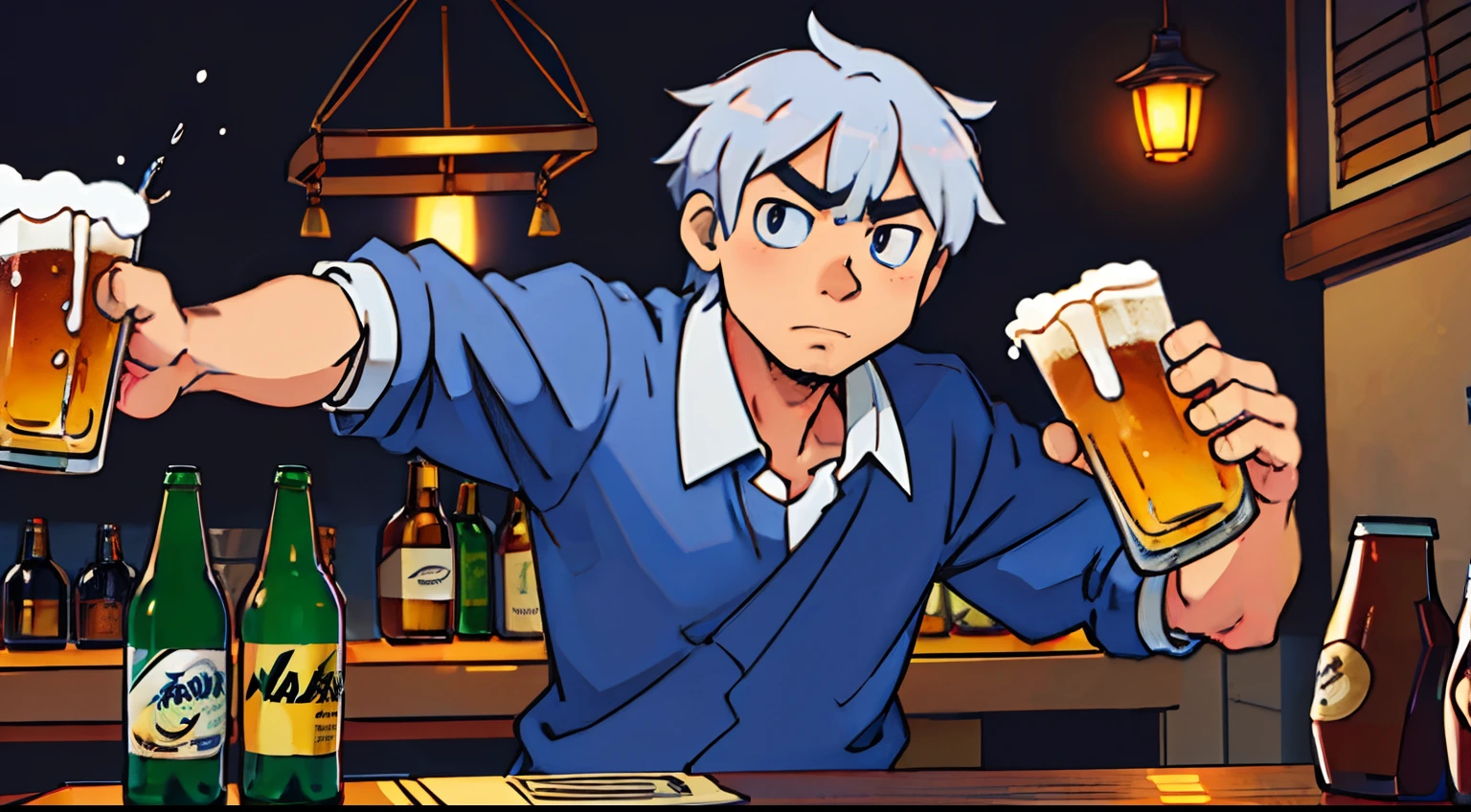 fantasy style, male character, pale skin, black hair, townsfolk clothes, sitting in the tavern, angry face, wooden mug of beer