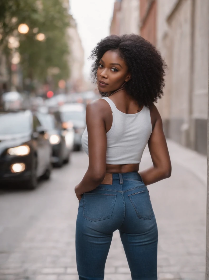 A black lady，In the city，Jeans