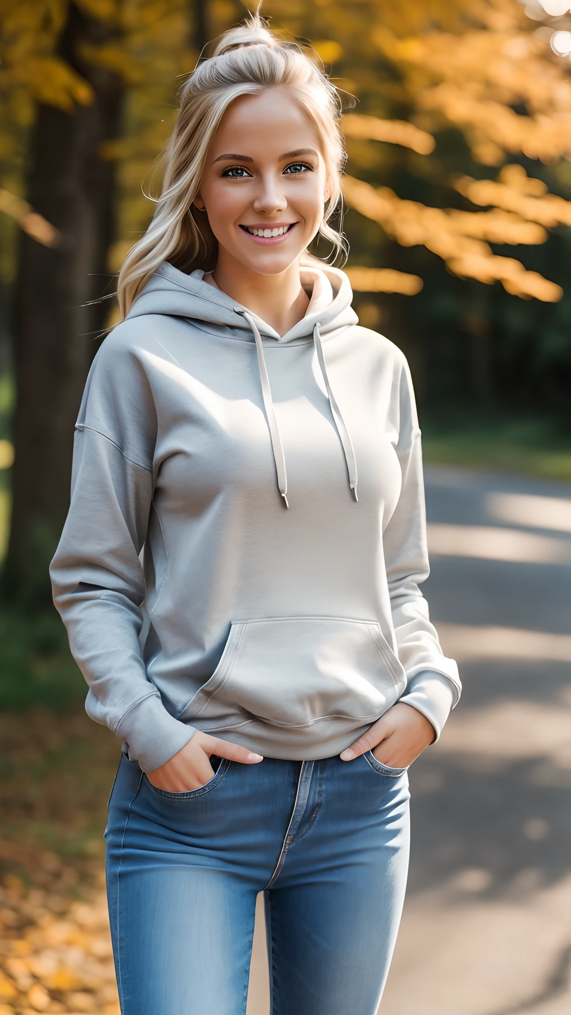 photo of a beautiful girl wearing only a casual tiny light blue shirt with a hoodie and, brown hair with light highlights, in a patio, half naked, fit body, view from back, medium upper body shot, looking at the camera, cute smile, shallow depth of field
