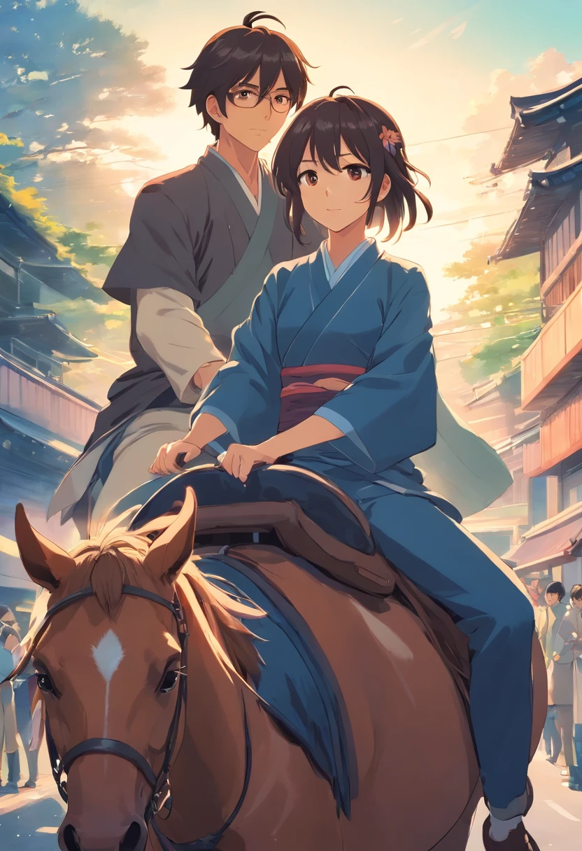 Two people carpooling on the back of a horse,Anime style,japanese samurai