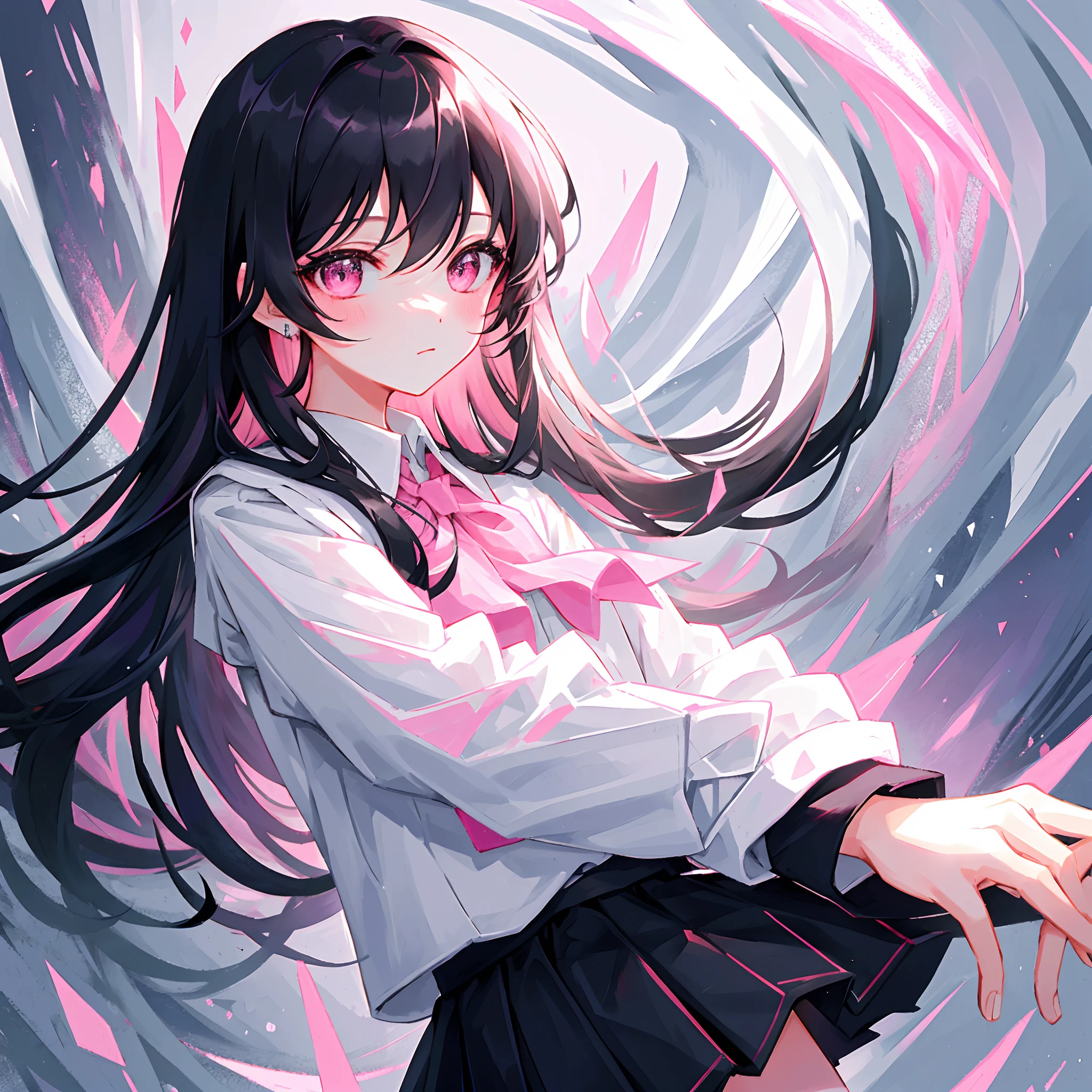 masterpiece, best quality, ultra-detailed, illustration, portrait, 1girl, black_hair, pink eyes,  long hair,  school uniform,