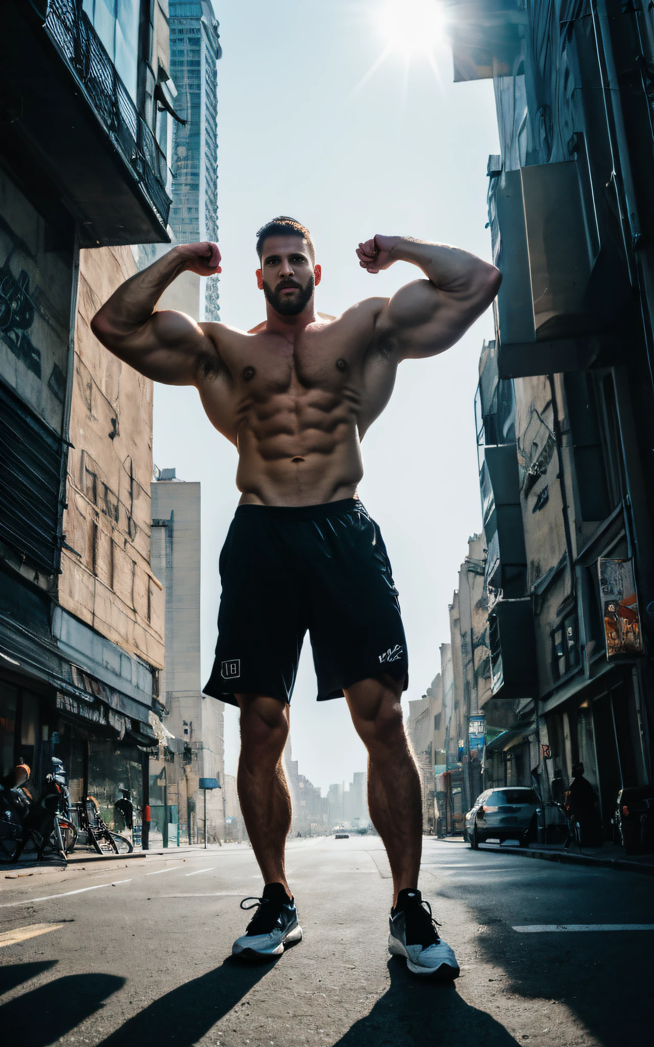 (super high resolution,masterpiece:1.2),detailed background,realism,Illustrations,single,1 boy,street, muscle,volumetric lighting,depth of field,facial hair,fitness trainer,traditional medium,vibrant colors,sharp focus,cityscape,tall buildings,artistic graffiti,urban atmosphere,confident expression,urban fashion,energy,action,impressive physique,vibrant energy,perspective,high-intensity workout,gritty textures,crisp edges,expressive brushstrokes,light and shadow play,dynamic composition,bold lines,urban life,lively atmosphere,muscular definition "