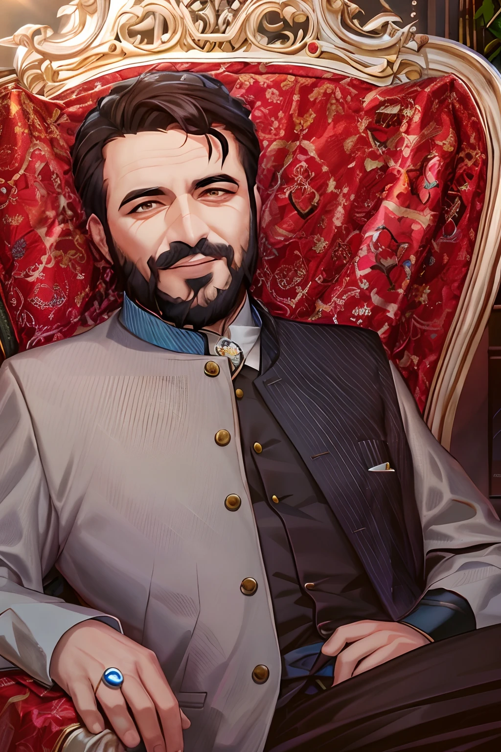 araffe sitting in a chair with a smile on his face, kyza saleem, khyzyl saleem, mogul khan, ash thorp khyzyl saleem, enes dirig, by Riza Abbasi, sayem reza, dressed in a jodhpuri suit, handsome man, mahmud barzanji, inspired by Abdullah Gërguri