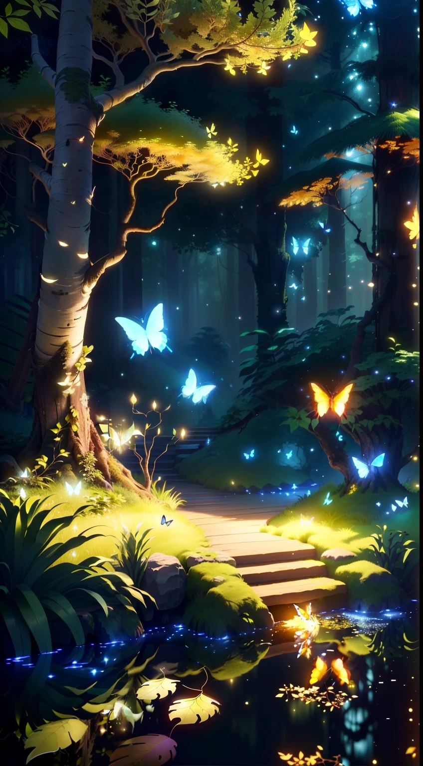 A masterpiece, the best quality, stunning reflections, the best reflections ever. (very detailed CG unity 8k wallpapers), (best quality), (best illustrations), (best shadows), forest theme with natural elements. Tall trees, quiet streams, small glowing mushrooms surrounded by delicate leaves and branches, with fireflies and glowing particle effects,, (natural elements), (jungle theme), (leaves), (twigs), (fireflies), butterflies, (delicate leaves), (glow), (particle effects). , Isometric 3D, Octane Rendering, Ray Traced, Super Detailed