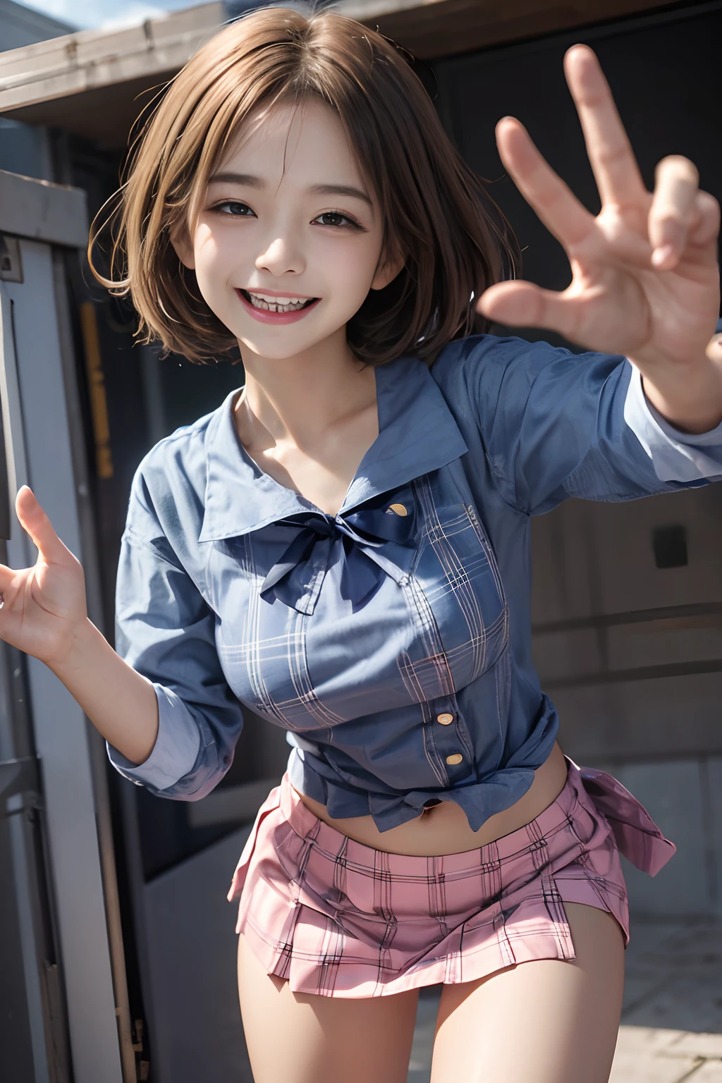 Pubic hair grows、Smile full of happiness、((Looks happy:1.3))、Pink Panties、、Panting face、Lacking、school girl outfit(Plaid miniskirt)、a sailor suit、Sweating、Expression in a state of excitement、short-hair、eye glass、