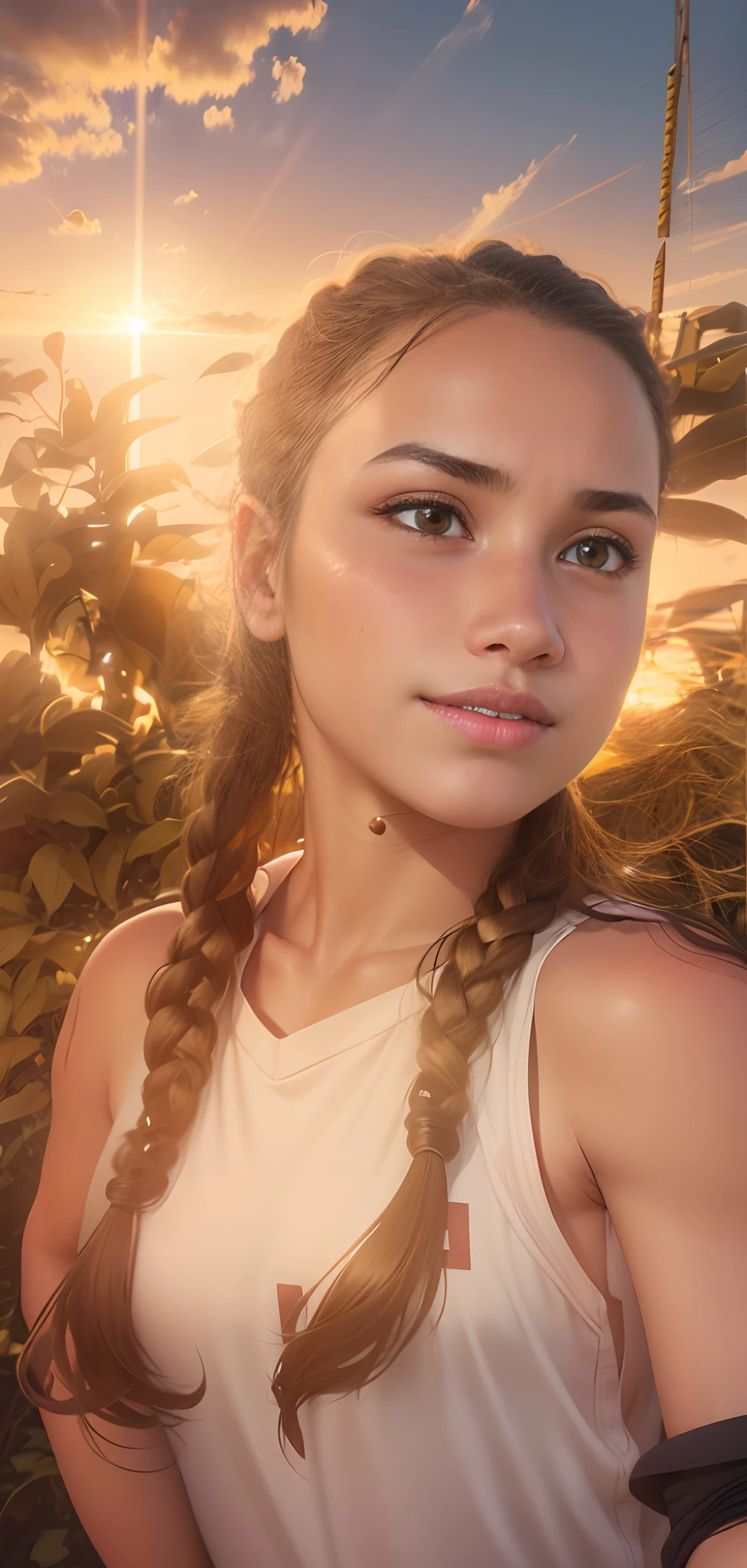 image depicting a age girl, bathed in the golden glow of sunset, standing alone on a vast football field, her foot mid-swing as she unleashes a powerful kick on the ball, sending it soaring through the air, 8k, ultra realistic, Clear Face,Brunette Hair
