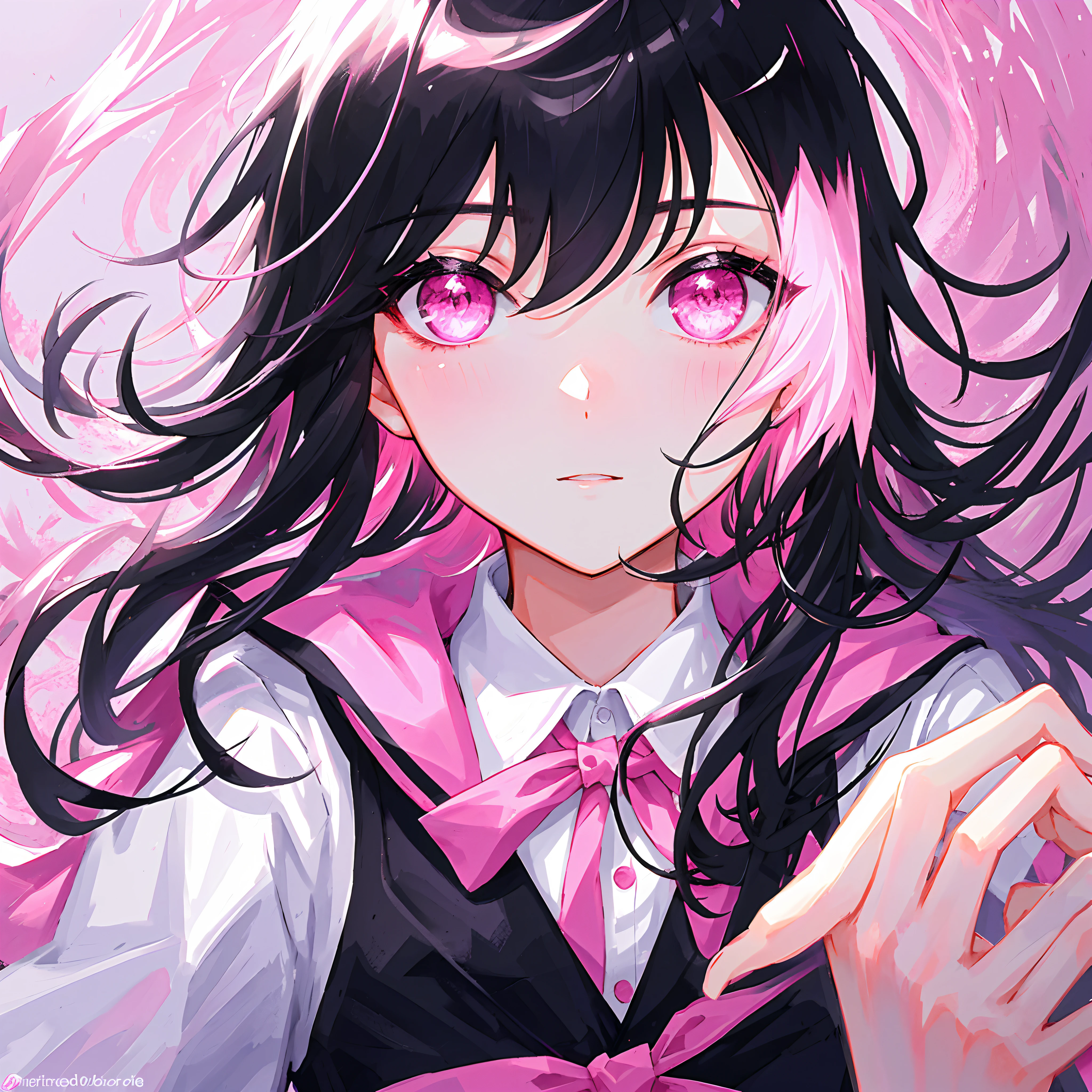masterpiece, best quality, ultra-detailed, illustration, portrait, 1girl, black_hair, pink eyes, long hair, school uniform,