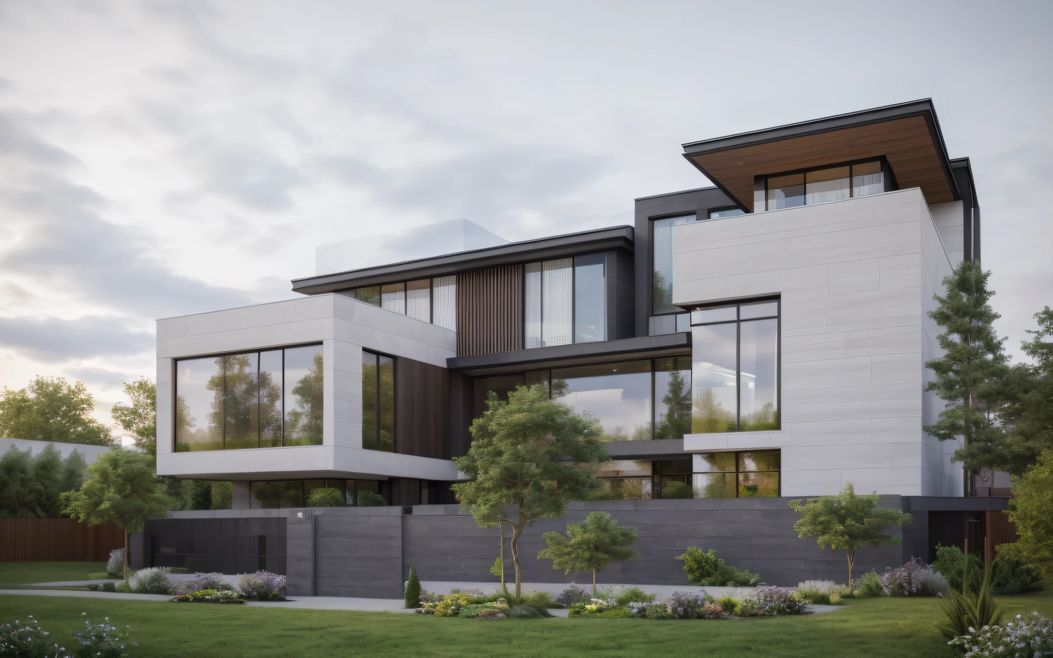 (masterpiece),(high quality), best quality, real,(realistic), super detailed, (full detail),(4k),8k,modern house exterior design,Modern architecture,Beautiful_sky,Day light, no_humans, outdoors,sky,tree,Garden flower front of building,