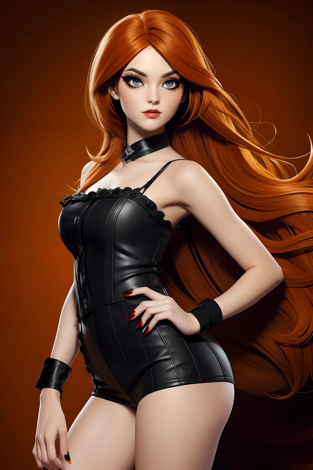 Orange long hair Emo Pin up Girl, Black Faux, Lustrous zomp eyes, Striking a pose, natural make up.