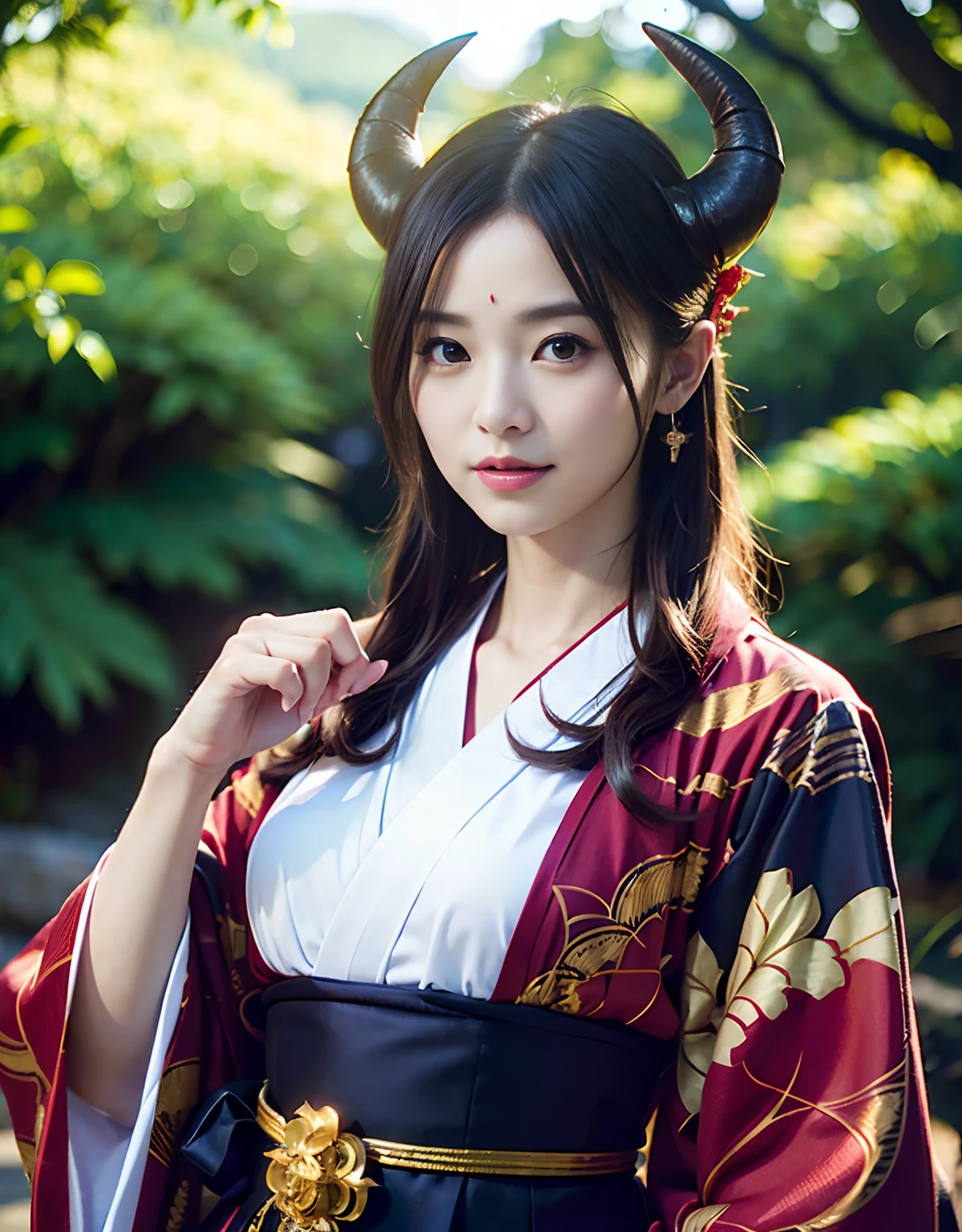 (((masutepiece,))),Professional , masterpiece、top-quality、photos realistic , depth of fields 、Raw photo、女の子1a person、glowy skin、(sexypose)、(Black maple on the background of full bloom),(Ultimate Beauty)、A dark-haired、Mystical expression、ultrasharp、(shrine background)、(Kimono with beautiful pattern)、(Midnight background)、Beautiful hair ornament on the head、,(intense fighting),((Precipitous cliffs)),(Wear a beautiful kimono),(Wear a colorful and beautiful kimono)、(Japan Castle Background)、Jewel Gold Weapon、Particles of light),(intense fighting)、Gorgeous gold weapons ,Castle background、(( Gorgeous Dragon Sword)) , (a dark night),,(maikurobikini) 、((Black Haired Beautiful Girl))、(Castle background)、(demonic wings)、((Gangle's forest background))、Beautiful Caucasian beauty、1a person、dynamic ungle,(((Two devil's horns on the head)))、Smaller head、Idle Smile、Thin and beautiful female hands、Mystical expression、Light Effects、intense fighting、Wind-effect、magic circles、With the legendary magic wand、Dragon's tail、Anatomically correct fingers、Full Body Angle、Anatomically correct number of fingers、