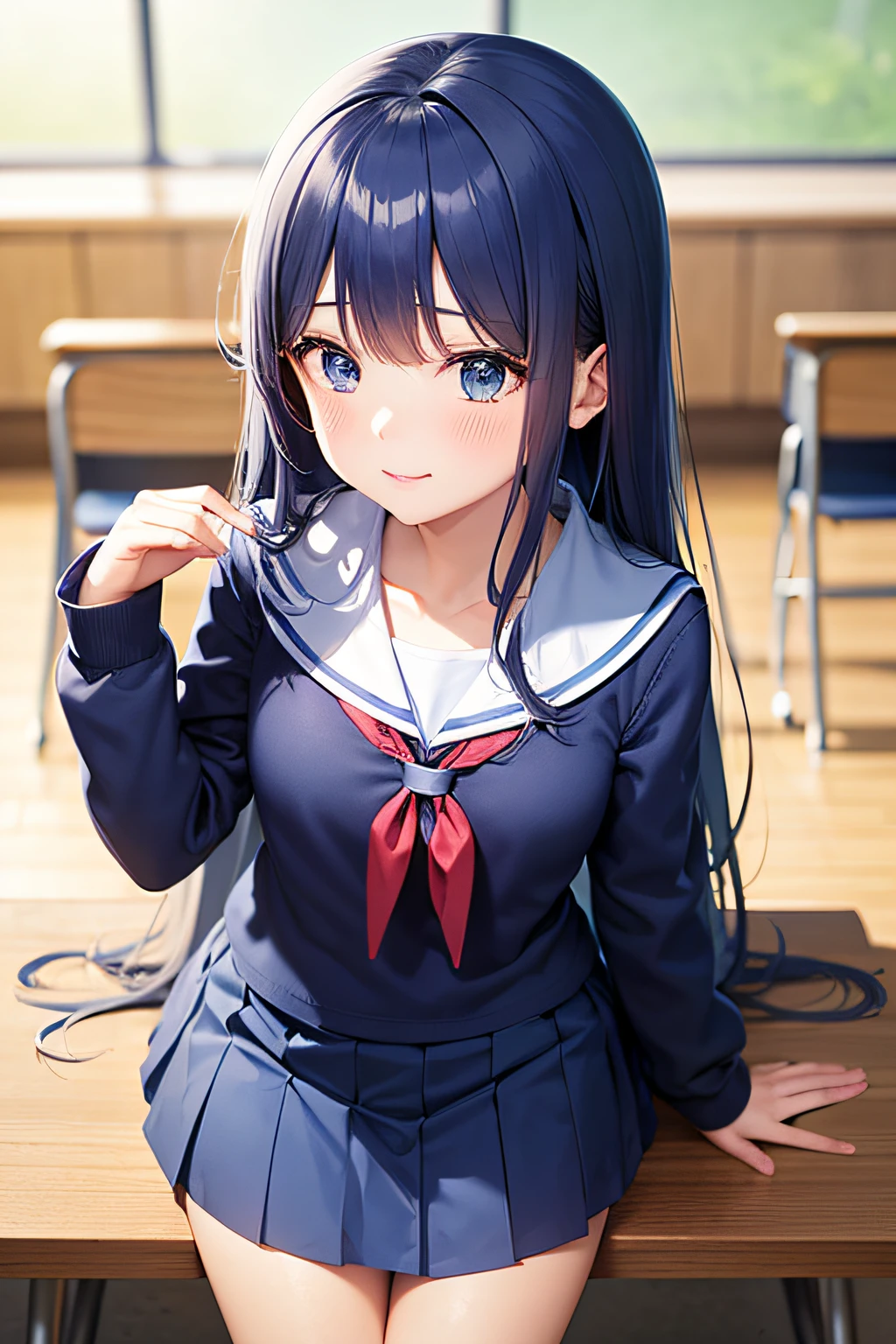 1girl, school uniform, sitting, dark blue hair, medium breasts, dont smile, black eyes