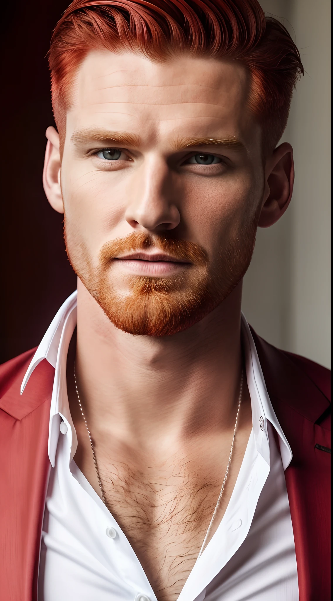 high quality photo | close up of the face | red-haired man | English man | beautiful man | 30 years | masculine gender | English nationality | shaved hair | toned body | dressed in a red suit without a tie, open white shirt