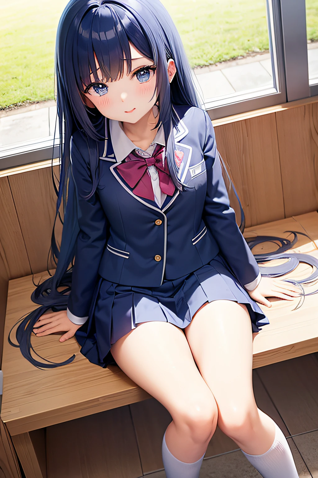 Doll、Doll、delicate、detailed、high quality、High resolution、4hair、high quality、long Hair、long hair、Brown Hair Color、Turquoise Eyes、uniform、high school student、Big Breasts、Sailor suit、Ultra-mini pleated skirt、Navy Blue Skirt、loose socks、Pure white panties、Shiny panty fabric、Wet crotch、Sitting on the floor、Sit without a chair、Sitting directly on a wet floor、Wet crotch、Mirror floor、A person is reflected in the mirror、Mirror directly under the crotch、Smartphone right under the crotch、Transparent crotch
