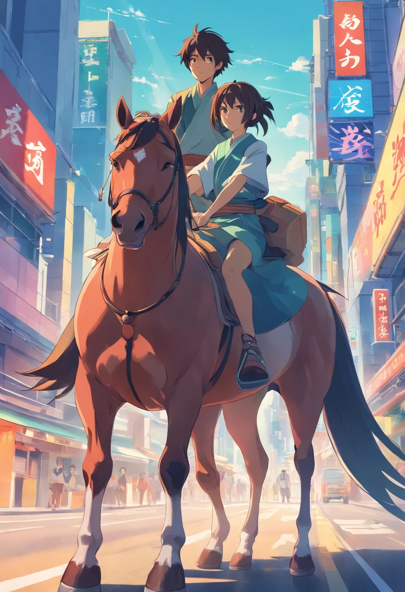 Two people carpooling on the back of a horse,Anime style,japanese samurai,Chonmage