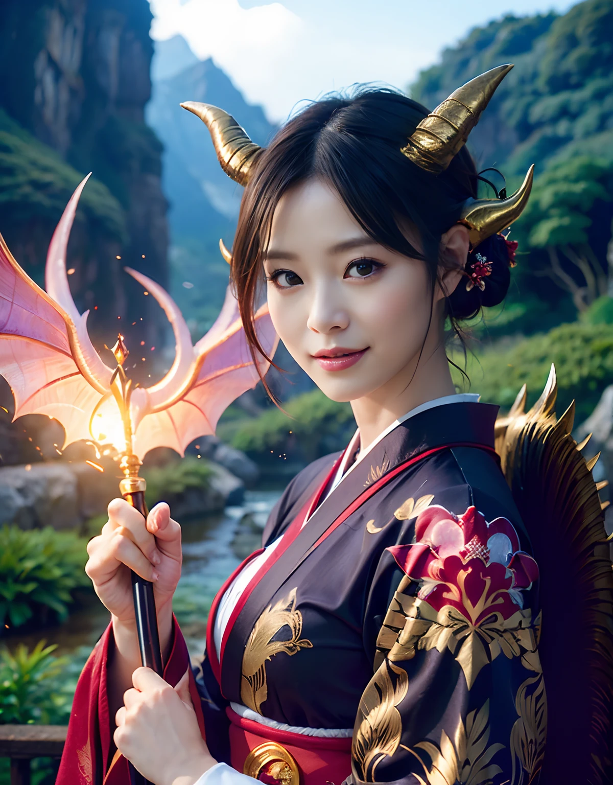 ((World of Darkness)),Professional , masterpiece、top-quality、photos realistic , depth of fields 、(sexypose)、(Background of cherry blossoms in full bloom),(Ultimate Beauty)、A dark-haired、(White bikini armor)、(Kimono with beautiful pattern)、(Night background)、((Wearing a skeleton helmet)),(Wear a beautiful kimono),(Wear a beautiful kimono with colorful floral patterns)、Jewel Gold Weapon、Particles of light),(Has a devil's mask)、Gorgeous gold weapons ,Skeleton population、(( Gorgeous Dragon Sword)) , (a dark night),,(maikurobikini) 、((Black Haired Beautiful Girl))、(Castle background)、(demonic wings)、((Gangle's forest background))、Beautiful Caucasian beauty、1a person、dynamic ungle,(((Two devil's horns on the head)))、Smaller head、Idle Smile、Thin and beautiful female hands、Mystical expression、Light Effects、intense fighting、Wind-effect、magic circles、With the legendary magic wand、Dragon's tail、