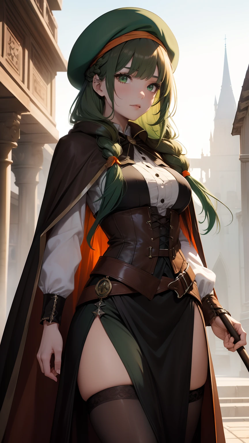masterpiece, ultra detailed, 8k portrait, RAW photo, portrait photography, highly detailed face, beautiful and meticulous eyes, ((Fantasy)), Young beautiful, 22 years old, dynamic pose, (((Long Straight deep green hair))), ((one side braided with orange hair ribbon)), blunt bangs, White skin color, Luxury, (((small brown beret))), hooded (((dark brown))) (((silk long cloak))) fluttering in the wind, (((dressed shirt))), (((silk maxi skirt))), leather corset, (((dark thigh high tights))), high cut leather boots, (((lift up long magical staff))), ((equip a pocket watch)), Midday Sun, hyper realistic, Body model, Small breasts, Beautiful breasts, Long legs, in the castle, Ambient lighting, Shadow details , Camera focus on face, strong breeze, Light fog