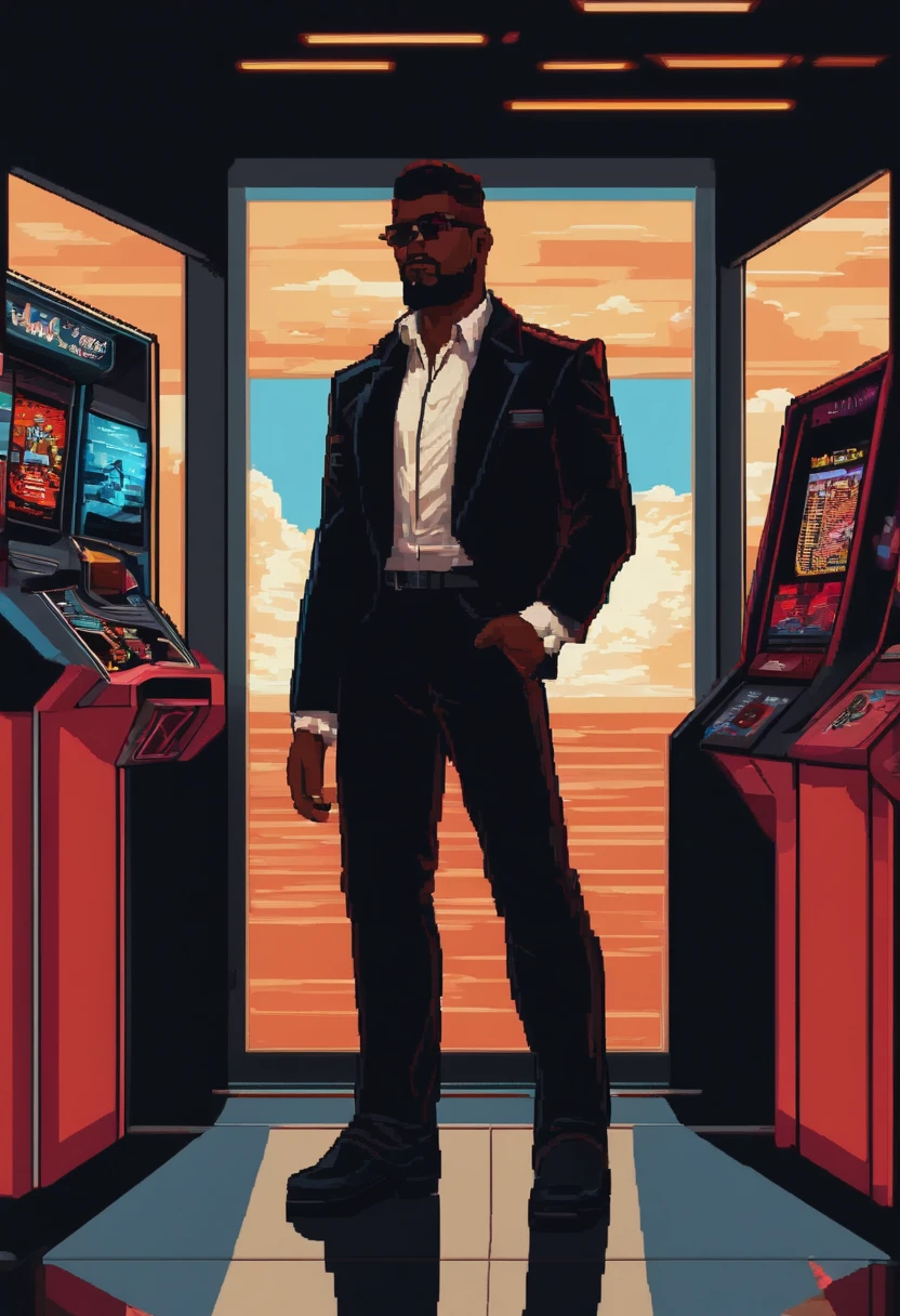 Pixel art 32 bit 80s or 90s aesthetics. Rpg. Personagem negro. has no hair. Tem barba. Vestindo camisa vermelha e preta. Bermuda preta. retro arcade