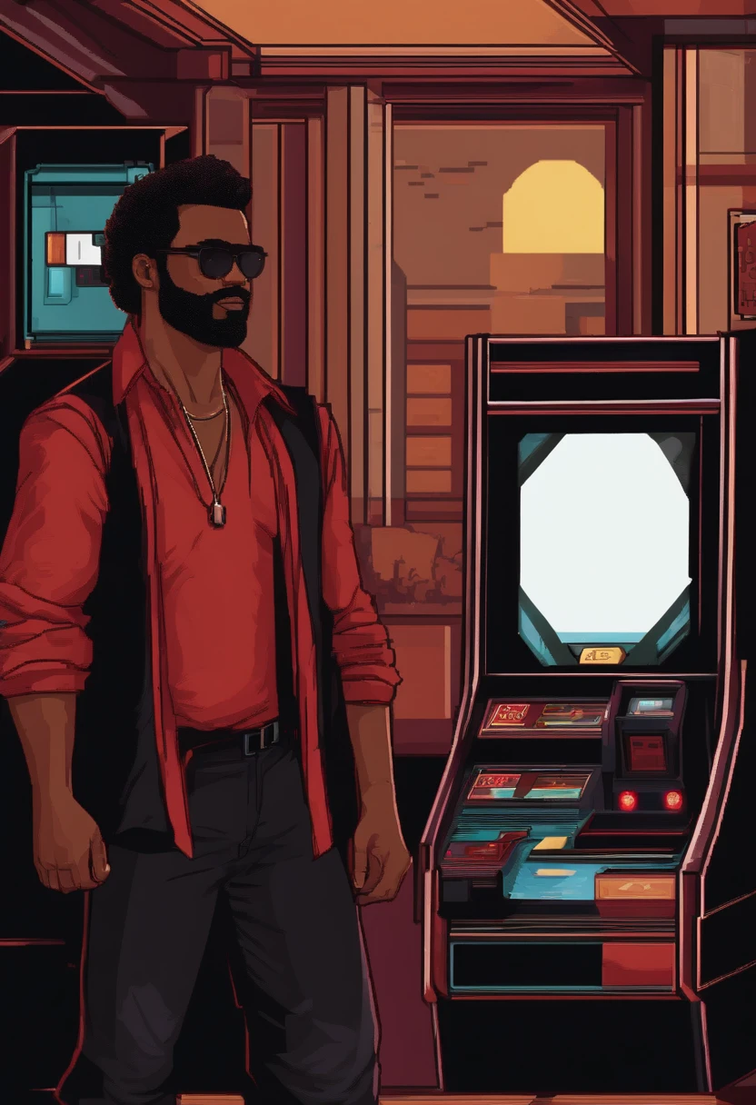 Pixel art 32 bit 80s or 90s aesthetics. Rpg. Personagem negro. has no hair. Tem barba. Vestindo camisa vermelha e preta. Bermuda preta. retro arcade