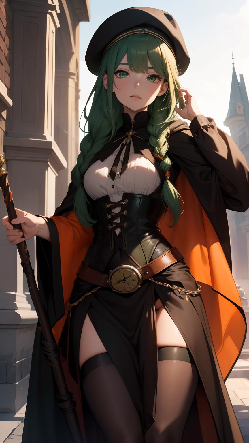 masterpiece, ultra detailed, 8k portrait, RAW photo, portrait photography, highly detailed face, beautiful and meticulous eyes, ((Fantasy)), Young beautiful, 22 years old, dynamic pose, (((Long Straight deep green hair))), ((one side braided with orange hair ribbon)), blunt bangs, White skin color, Luxury, (((small brown beret))), hooded (((dark brown))) (((silk long cloak))) fluttering in the wind, (((dressed shirt))), (((silk maxi skirt))), leather corset, (((dark thigh high tights))), high cut leather boots, (((lift up long magical staff))), ((equip a pocket watch)), Midday Sun, hyper realistic, Body model, Small breasts, Beautiful breasts, Long legs, in the castle, Ambient lighting, Shadow details , Camera focus on face, strong breeze, Light fog