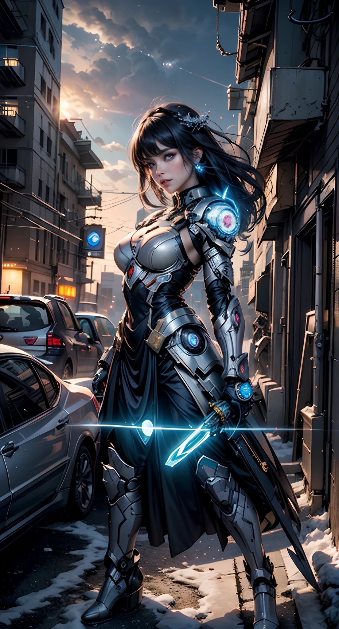 ((full body):1.5), {(Princess Zelda)}, {(((wearing black mecha costume with white parts extremely tight on her body)), ((extremely large breasts)), ((short brown hair, eyes blue)), is looking at the viewer, smiling, ((doing erotic pose)) holding futuristic weapons), (background: destroyed city, ((raining heavily))))},16k, high quality, high detail, UHD