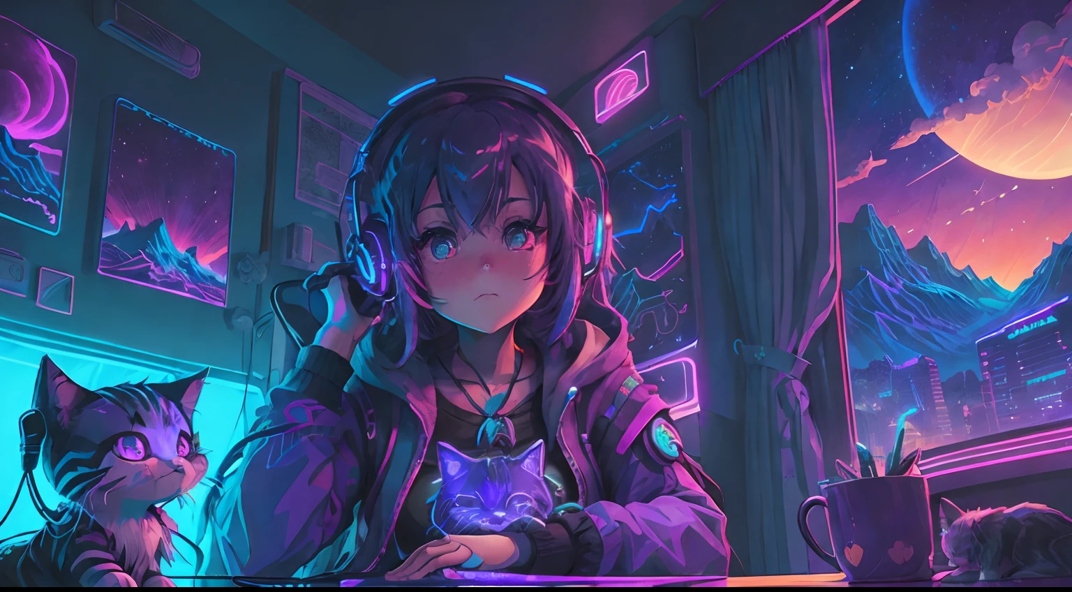 retro wave, purple and blue neon lights, sun, mountain, sunset sky, futuristic, (masterpiece, ultra detailed, high resolution), in her room, girl purple hair sitting on a chair playing wth her tabby kitten, enjoying using headphones, .