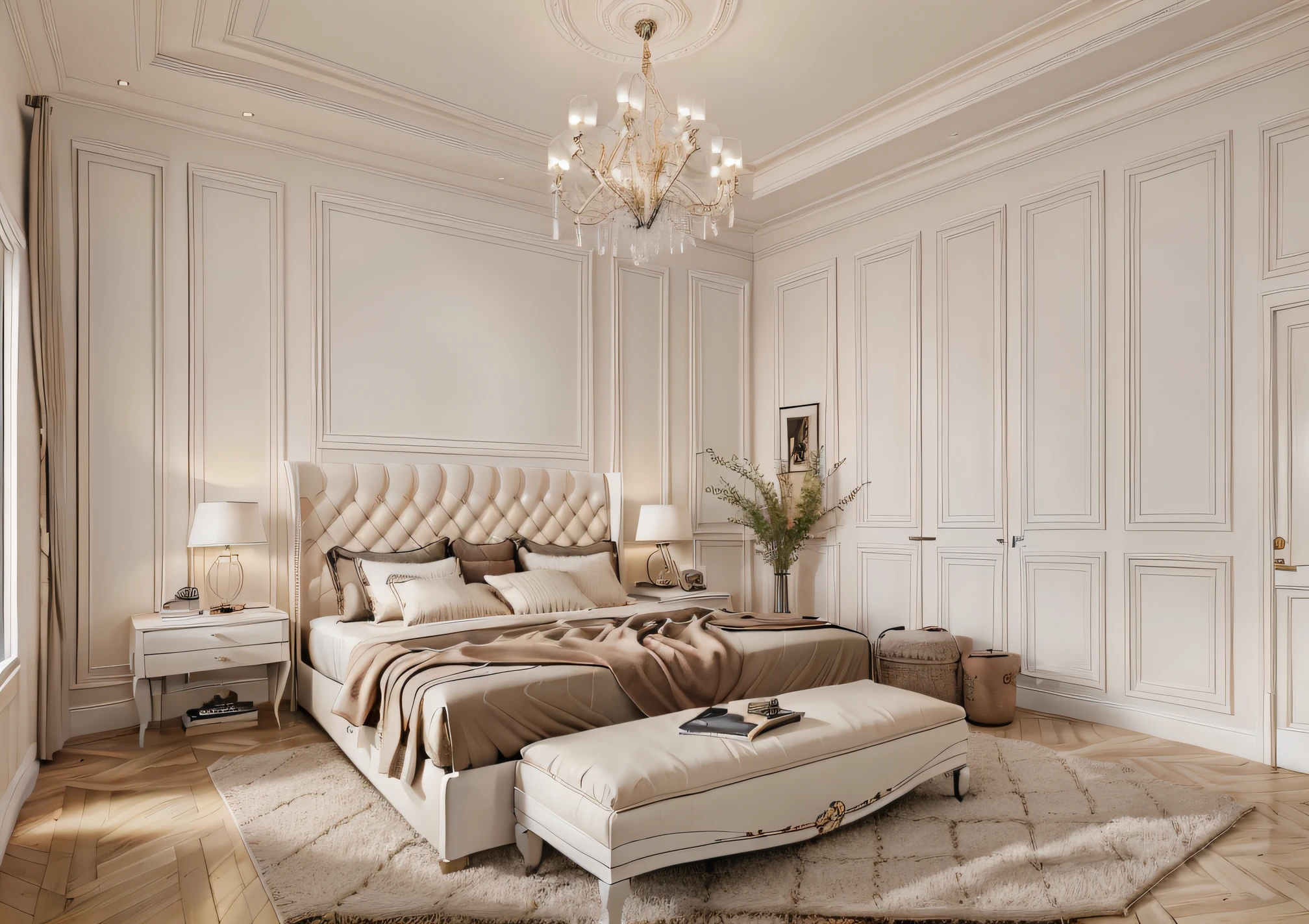 there is a drawing of a bed in a room with a white headboard, render 3 d, 3d finalrender, 3 d finalrender, bed on the right, all white render, bedroom background, dim bedroom, rendered in unreal engine 3d, furniture concept photo!!, rendered in 3 dsmax, 3 drender, small bedroom, 3d-render, Masterpiece, high quality, best quality, authentic, super detail, interior,neoclassical bedroom, bed, wardrobe, curtains, No Window, modern ceiling,carpet,similar color tones,warm light,vray, ceramic floor