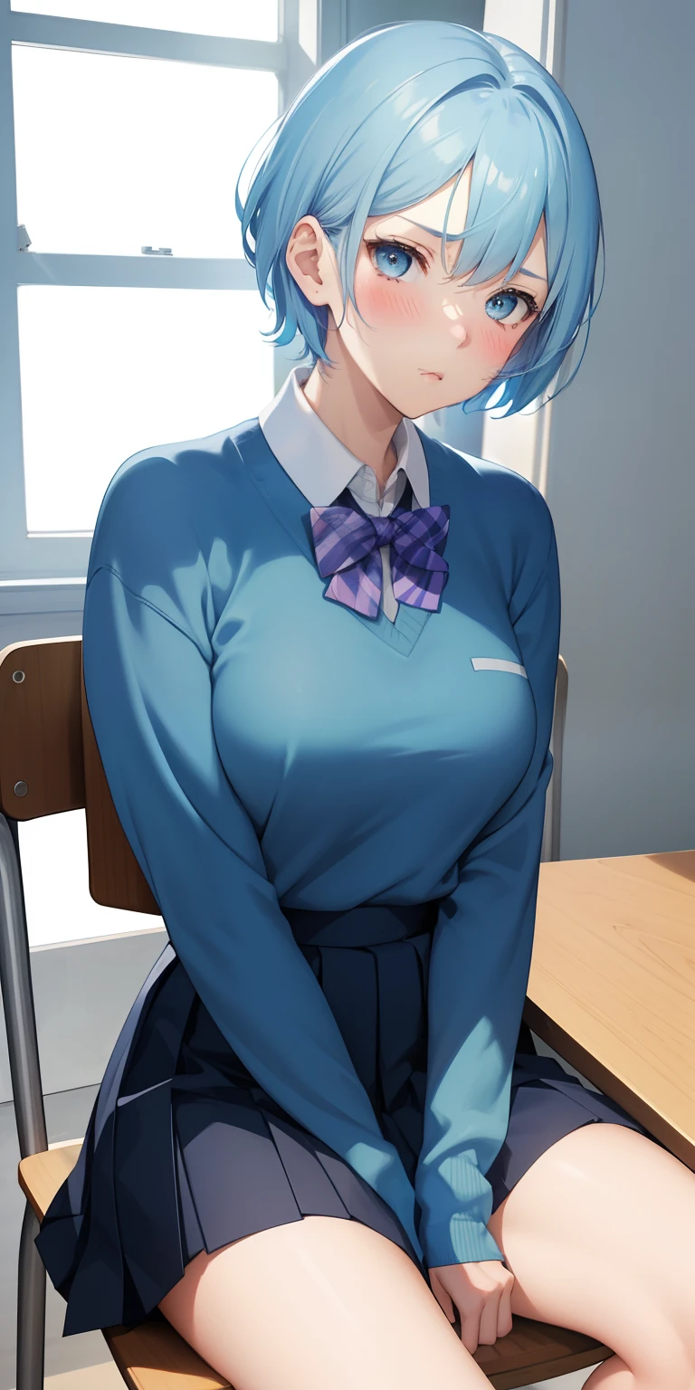 1 woman , short hair,  light blue hair, school uniform, skirt, jealous face expression, blush, sitting on a chair, looking other direction, not looking at the camera, glowing, sidelighting, wallpapers,