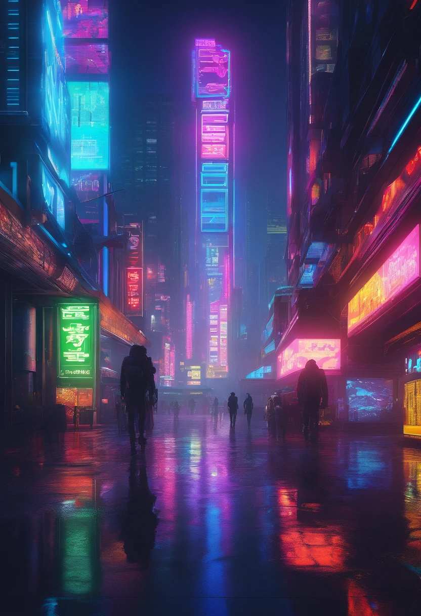 (Best quality,4K,8K,A high resolution,Masterpiece:1.2),Ultra-detailed,Realistic:1.37,Cyberpunk,Dark,Night,rain,futuristic city street,Dimly lit,glowing neon lights,Sparkling reflections on the ground，The image is black overall