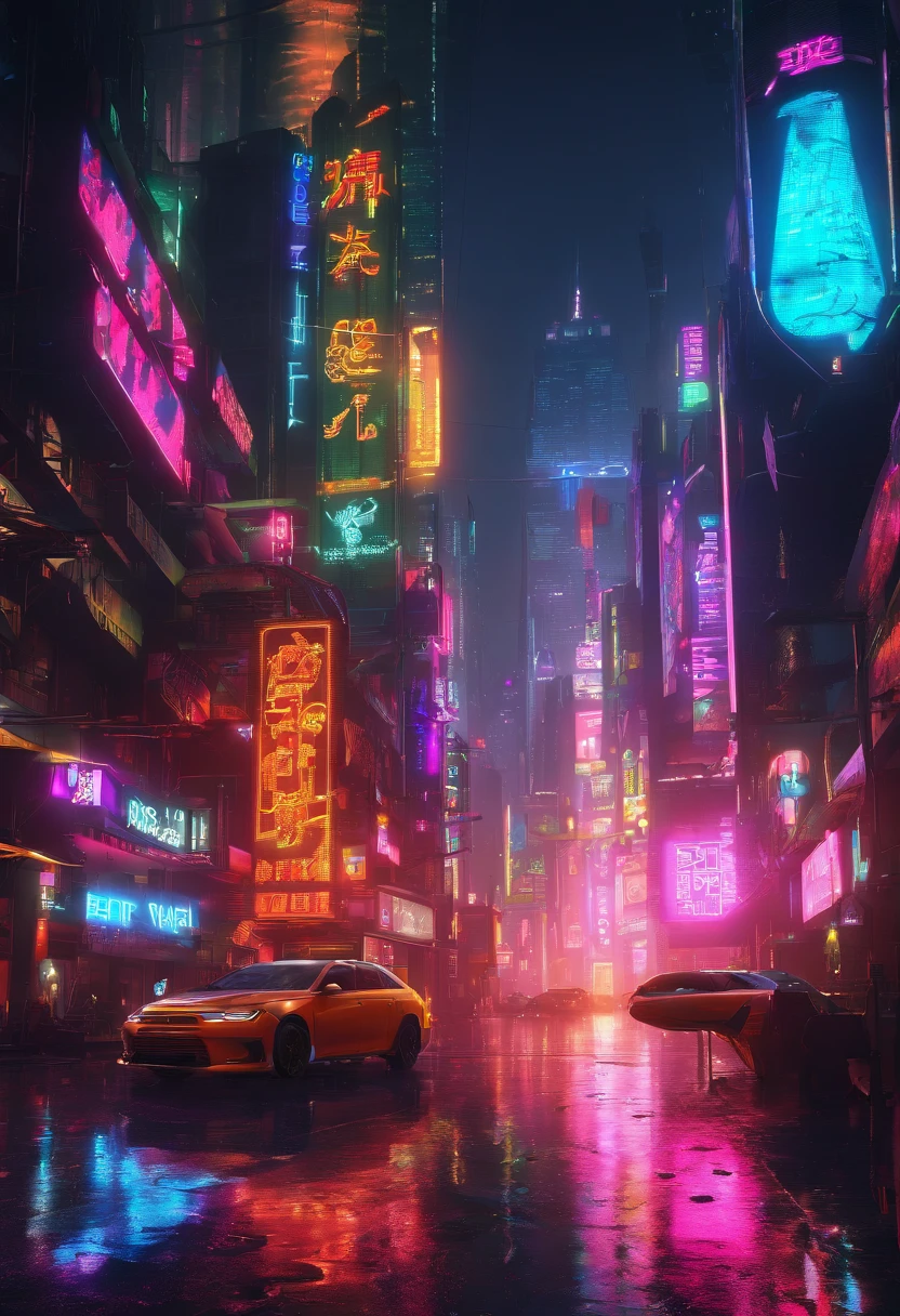 (Best quality,4K,8K,A high resolution,Masterpiece:1.2),Ultra-detailed,Realistic:1.37,Cyberpunk,Dark,Night,rain,futuristic city street,Dimly lit,glowing neon lights,Sparkling reflections on the ground，The image is black overall