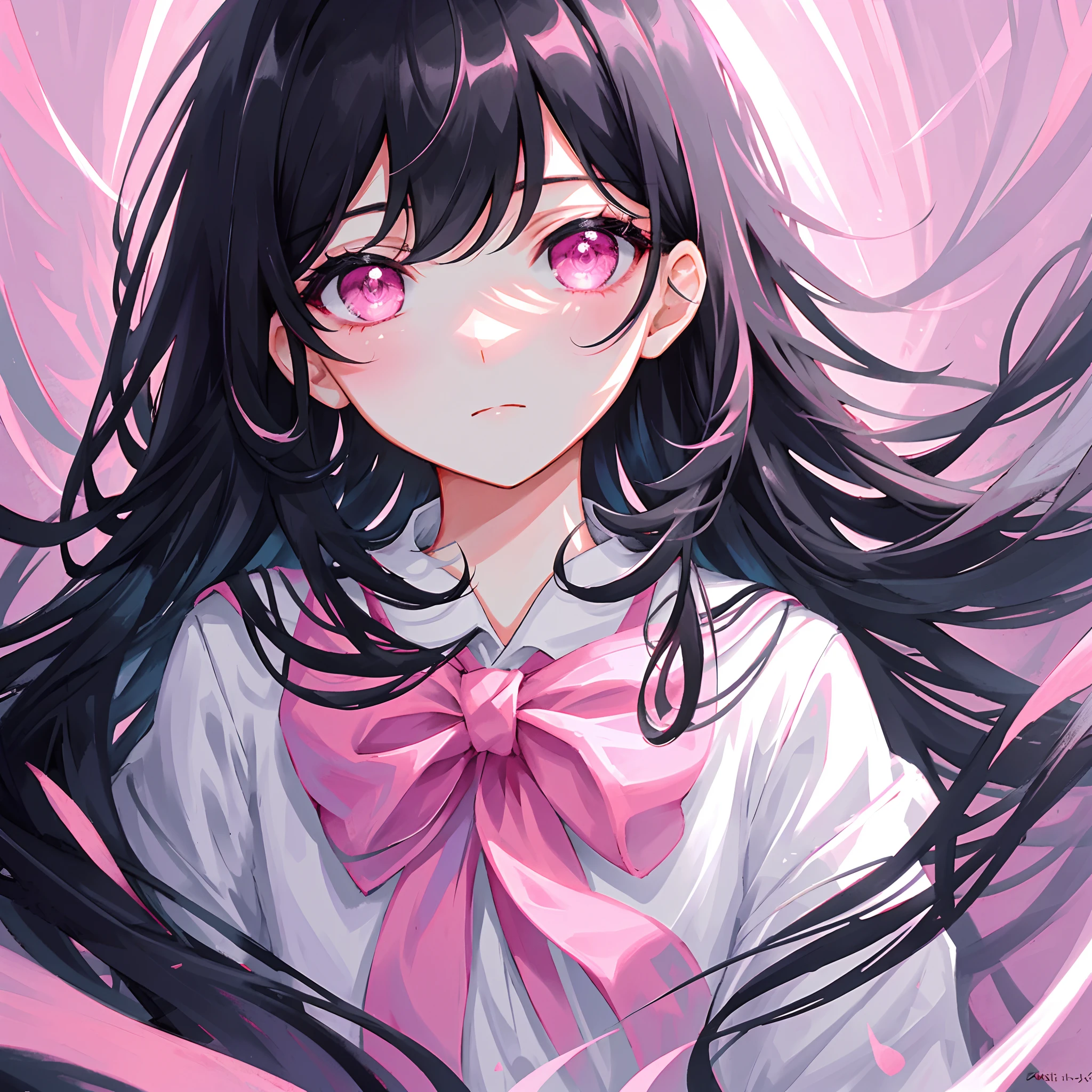 masterpiece, best quality, ultra-detailed, illustration, portrait, 1girl, black_hair, pink eyes, long hair, school uniform,